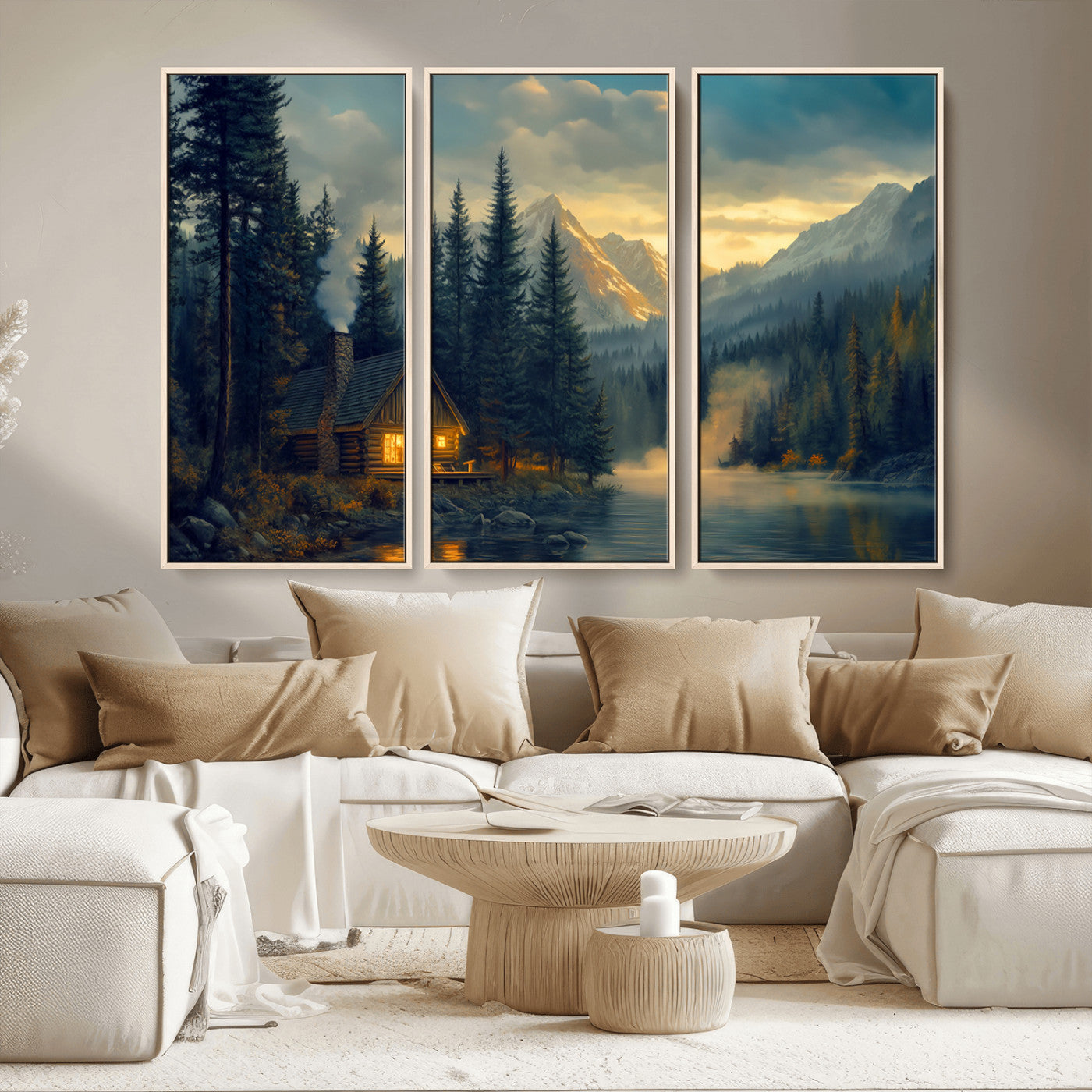 94027-MGV-CV-36X24-Mountain Cabin by the Lake at Sunset Wall Art - Serene Nature Canvas Print for Living Room Decor,