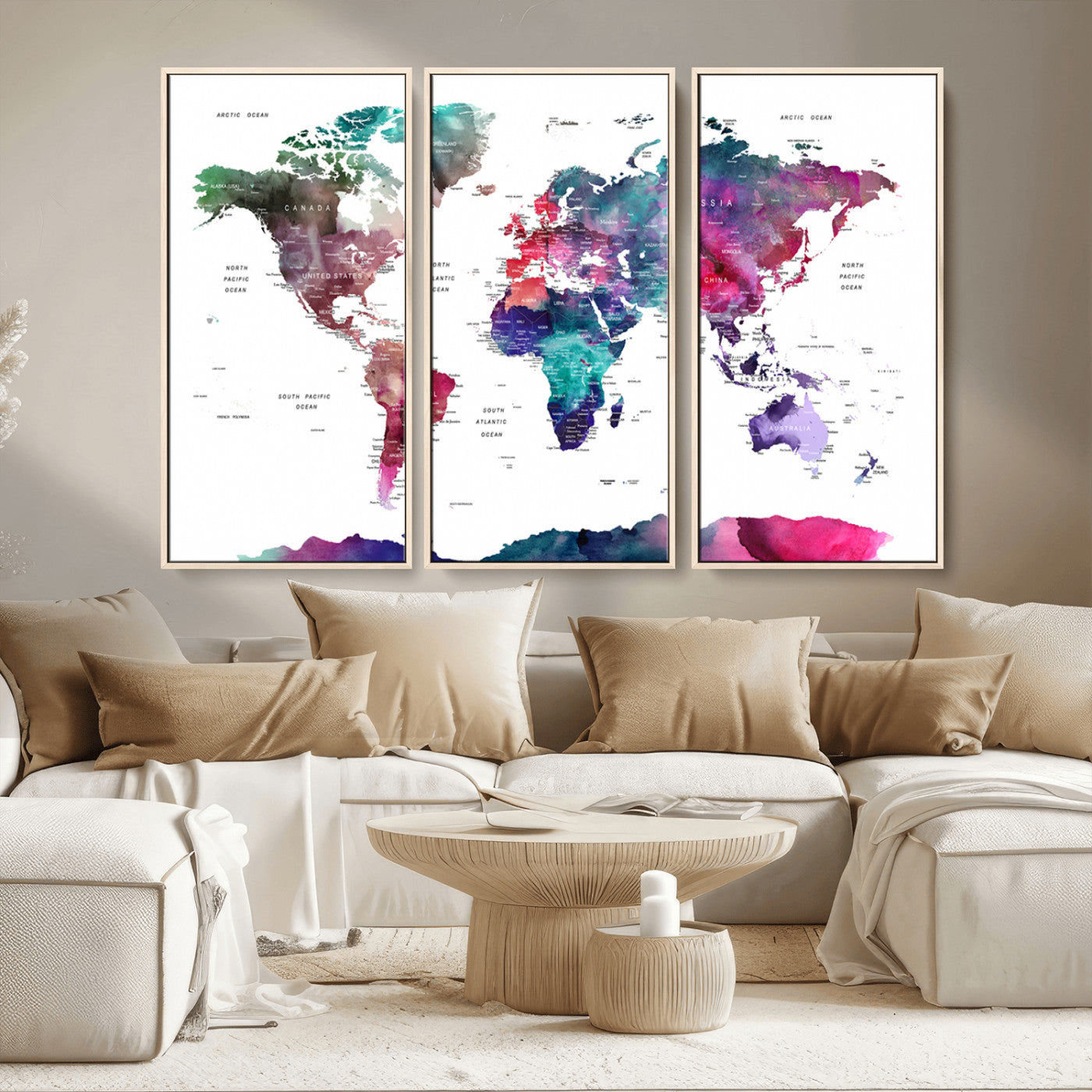 78176-MGV-CV-36X24-Colorful Watercolor World Map Canvas Wall Art – Framed Modern Map Print, Vibrant Travel Inspired Artwork for Home and Office Decor