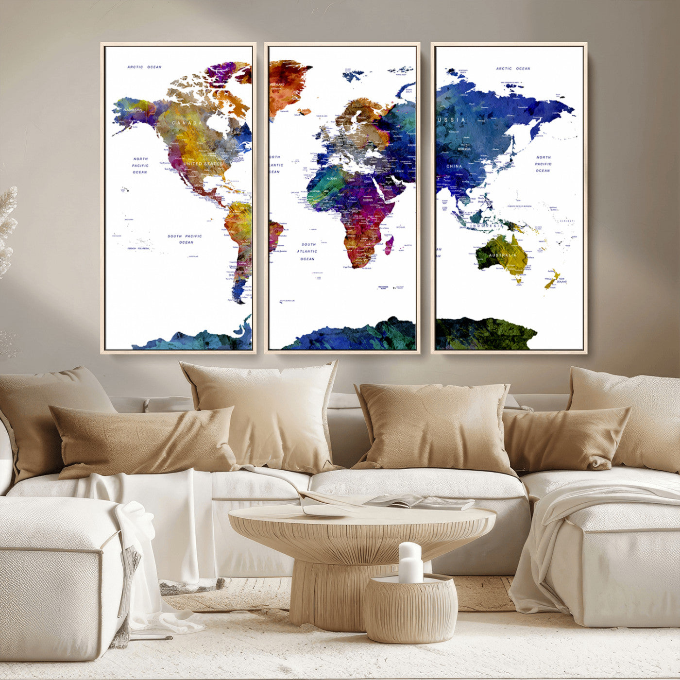 90446-MGV-CV-36X24-Colorful Watercolor World Map Canvas Wall Art – Framed Modern Push Pin Travel Map for Home and Office Decor
