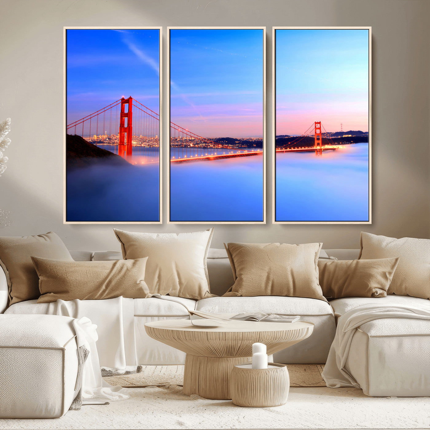 MGV-FC-48X32-3P - Golden Gate Bridge Wall Art Print, San Francisco Sunset Canvas Wall Art, Cityscape Canvas Print for