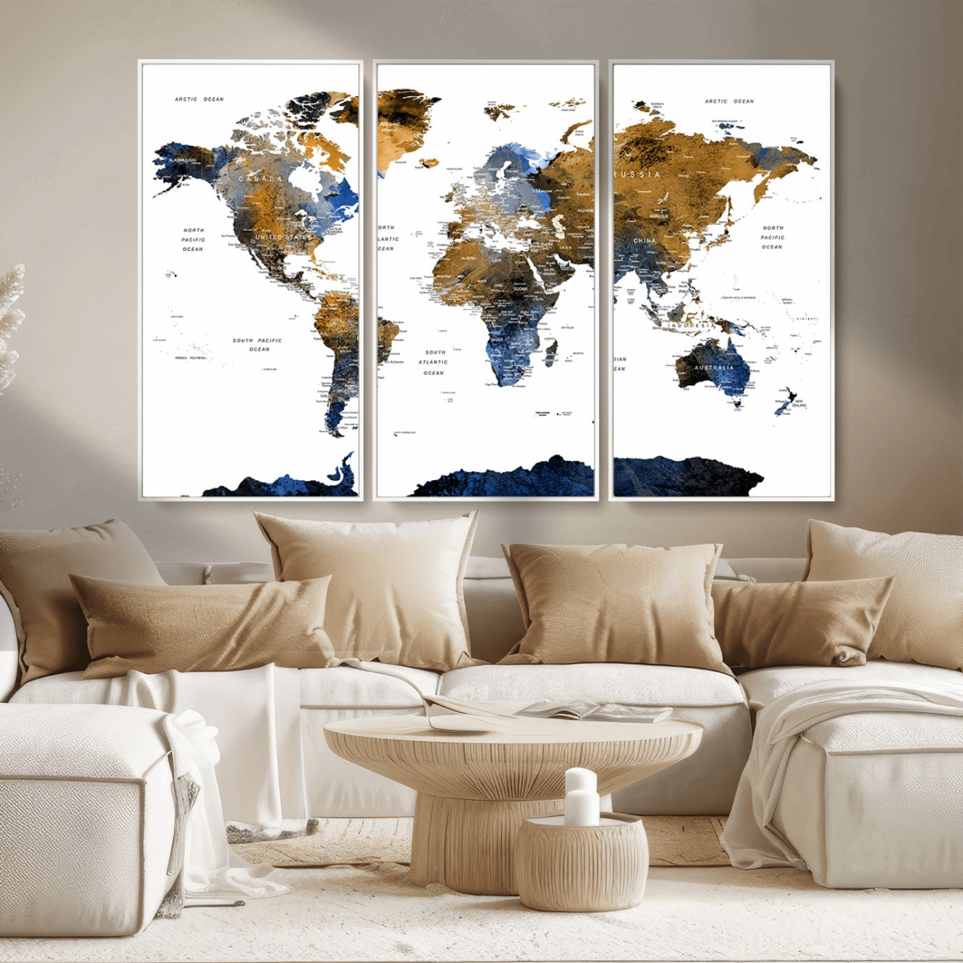 56231-MGV-CV-36X24-Navy and Gold World Map Canvas Wall Art – Framed Modern World Map Print, Elegant Travel Inspired Artwork for Home and Office Decor