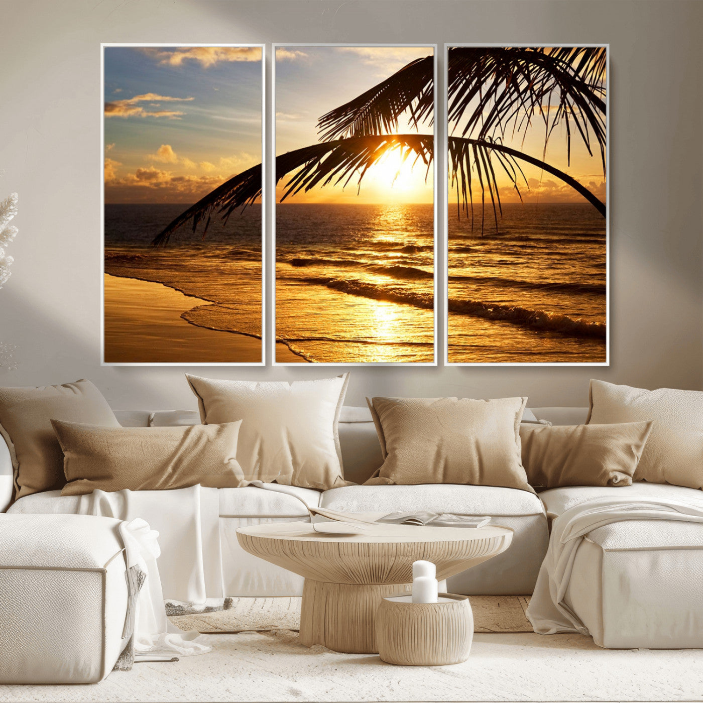 -Golden Tropical Beach Sunset Canvas Triptych, Coastal Palm Tree Wall Art, Ocean Shoreline Giclee