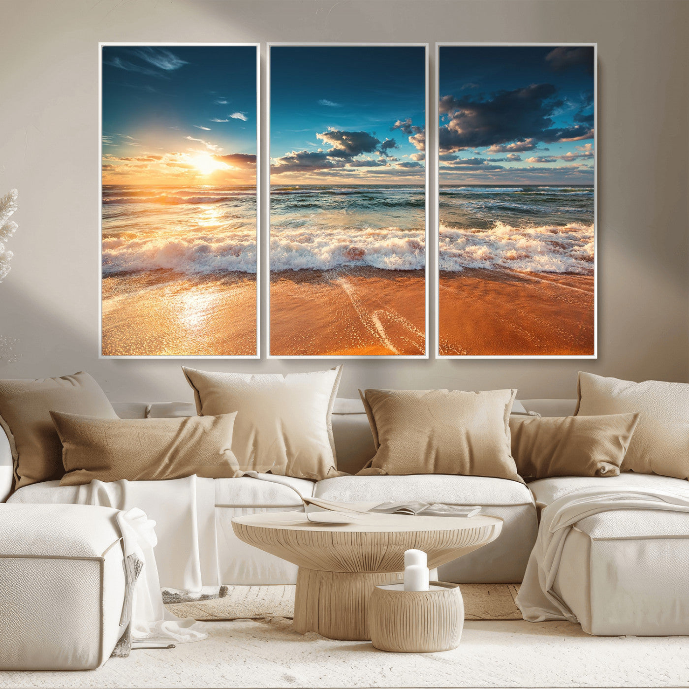 -Golden Sunset Beach Triptych Canvas Art, Giclee Coastal Wall Decor, Ocean Waves Print, Modern Beach