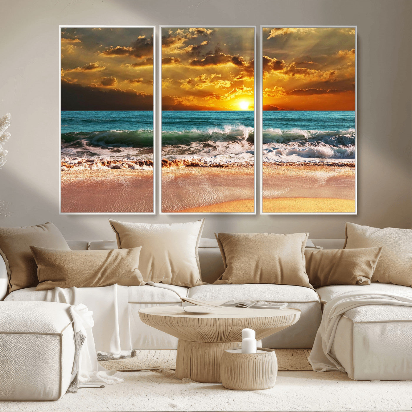 -Golden Sunset Beach Canvas Wall Art – Triptych Seascape Print – Framed and Ready to Hang for Living