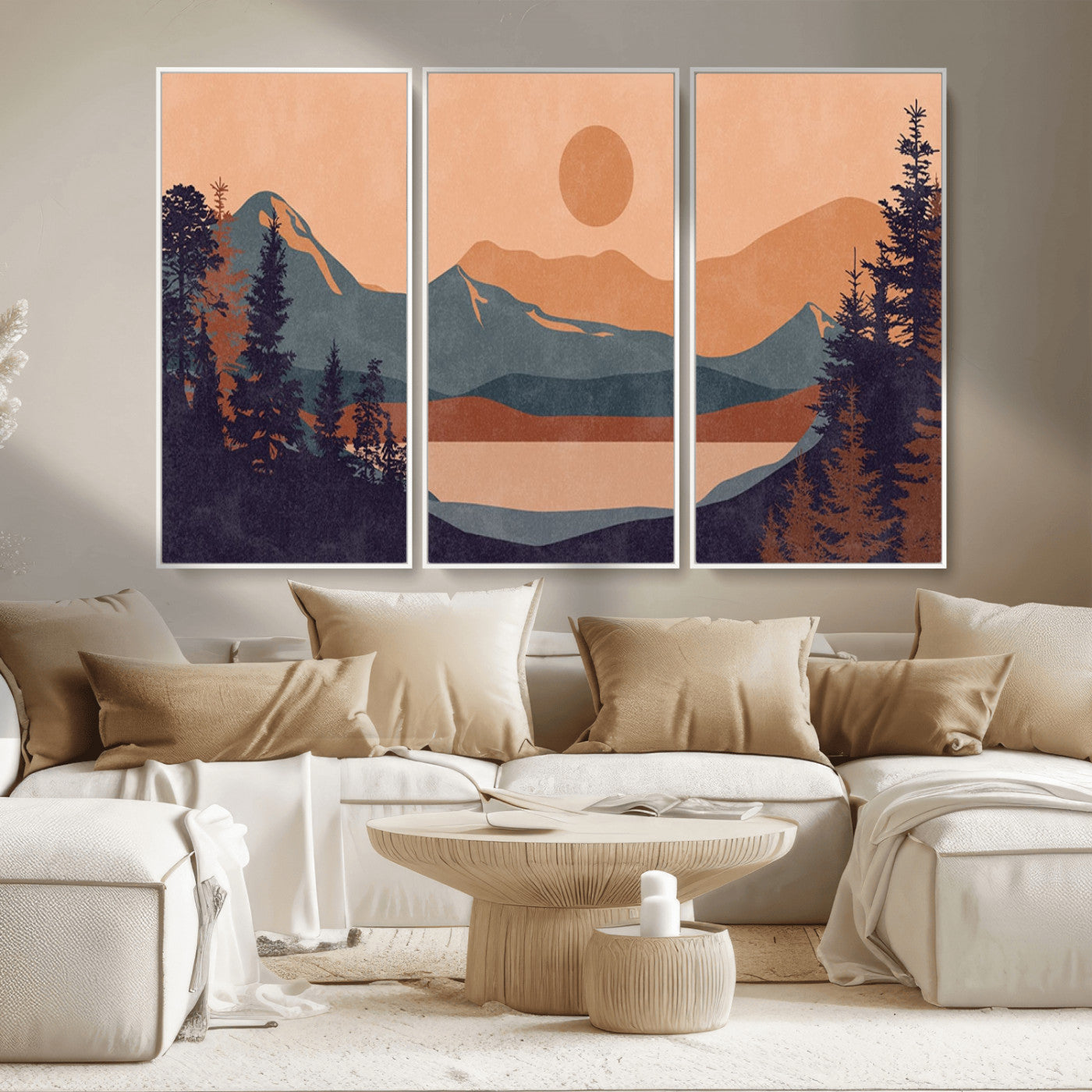 62795-MGV-FC-48X32-3P_White-Modern Boho Sunset Canvas Print, Mountain Landscape Triptych – Giclée Canvas Art Print for Living