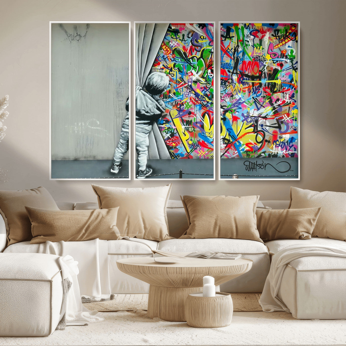 51713-MGV-CV-36X24-Banksy Colorful Street Graffiti Canvas Wall Art Print, Modern Art Triptych, Child and Graffiti Wall,