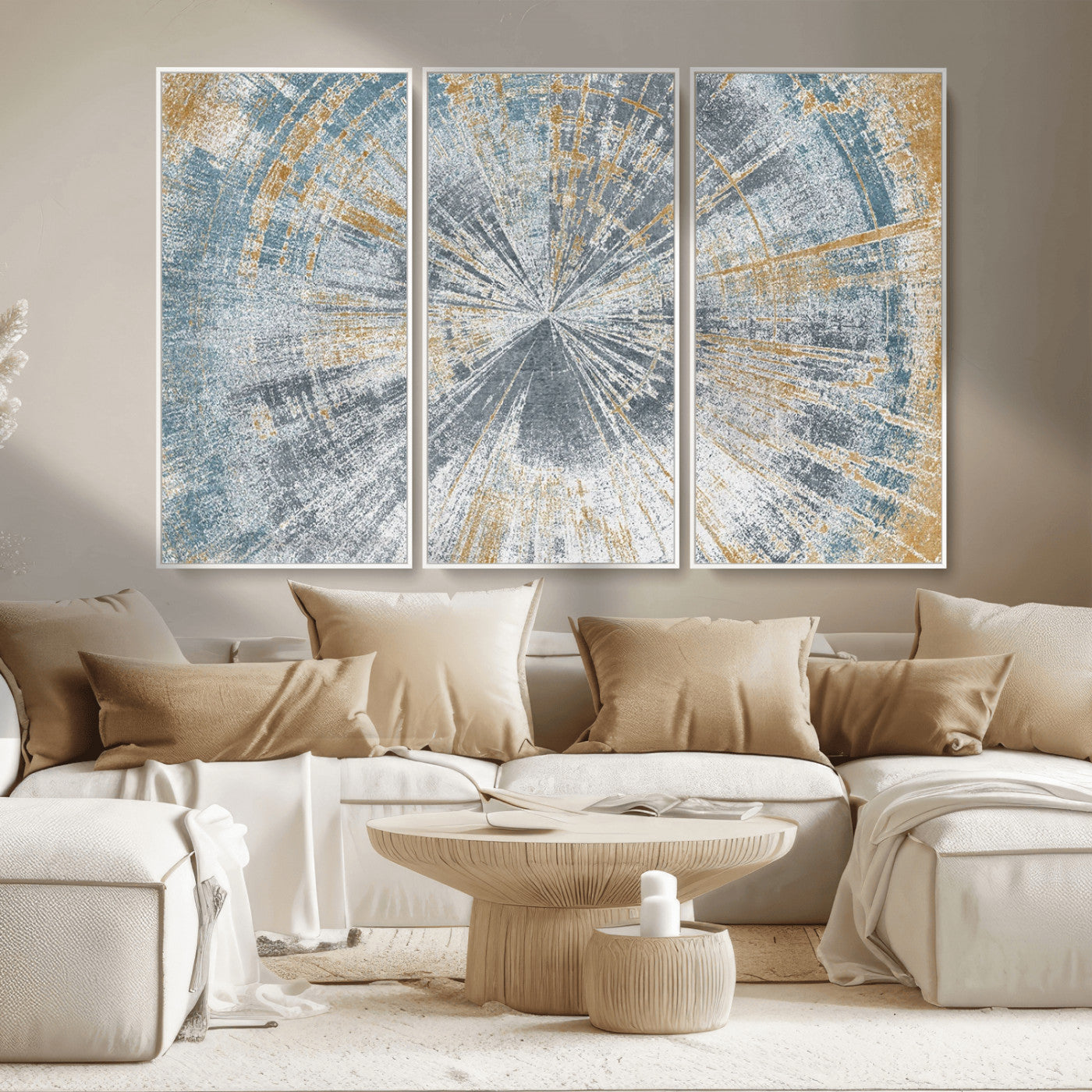17631-MGV-FC-48X32-3P_White-Radiant Abstract Wood Rings Canvas Art – Modern Triptych Wall Decor for Living Room or Farmhouse