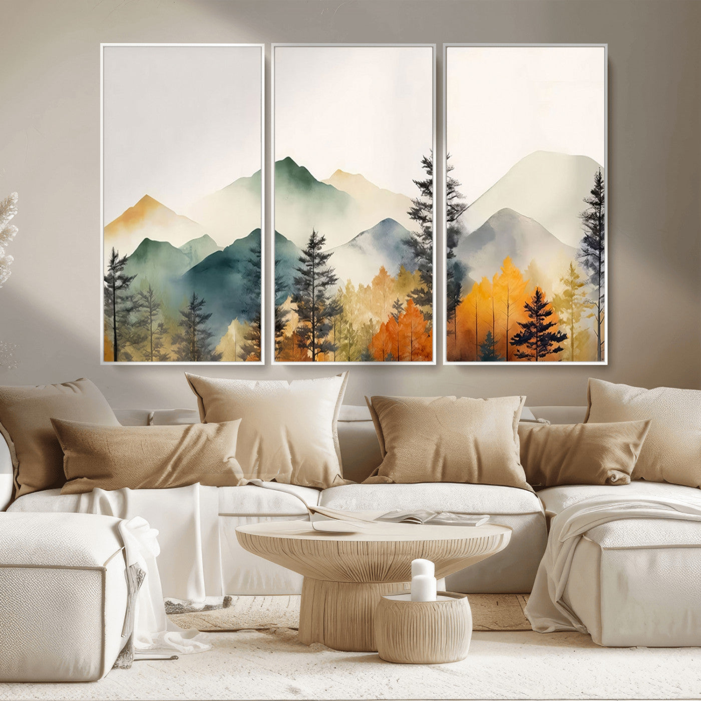 25689-MGV-FC-48X32-3P_White-Abstract Watercolor Mountains and Trees Autumn Wall Art, Mountains and Trees Autumn Wall Art Canvas
