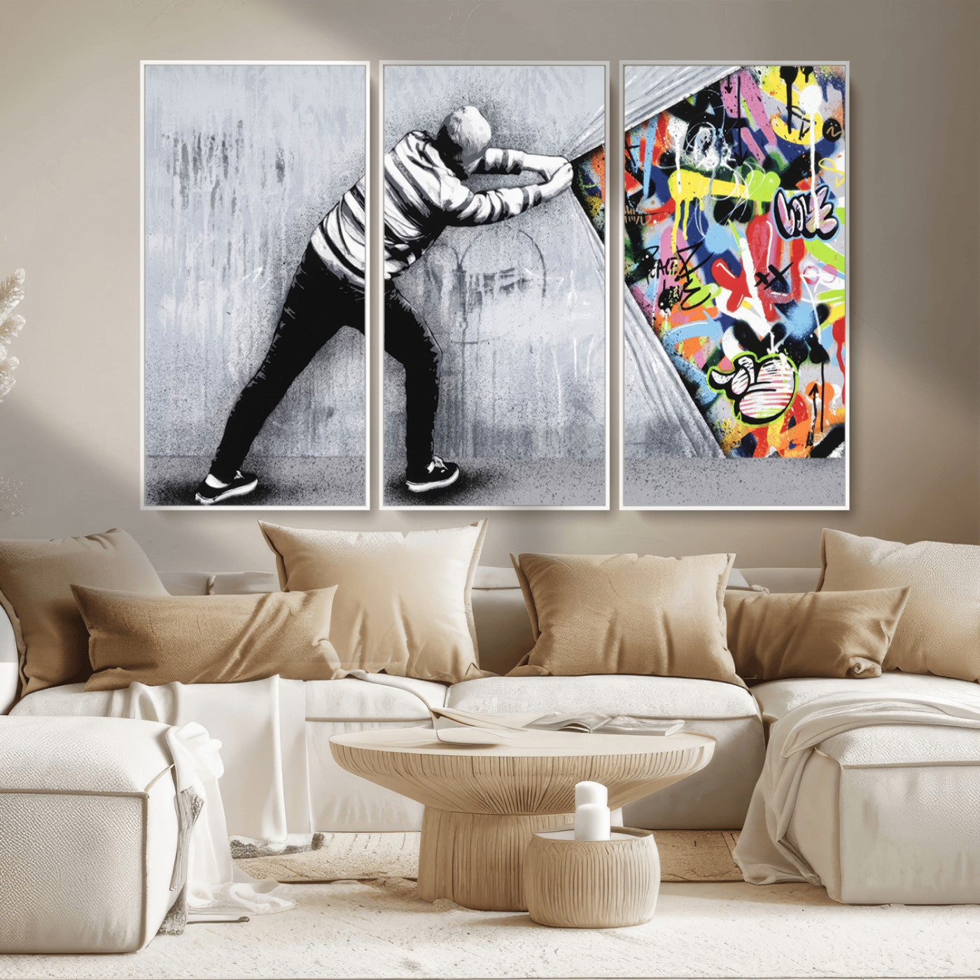 52252-MGV-CV-36X24-Banksy Art Behind the Curtain Street Wall Art Canvas Print | 3-Panel Urban Graffiti-Inspired Wall