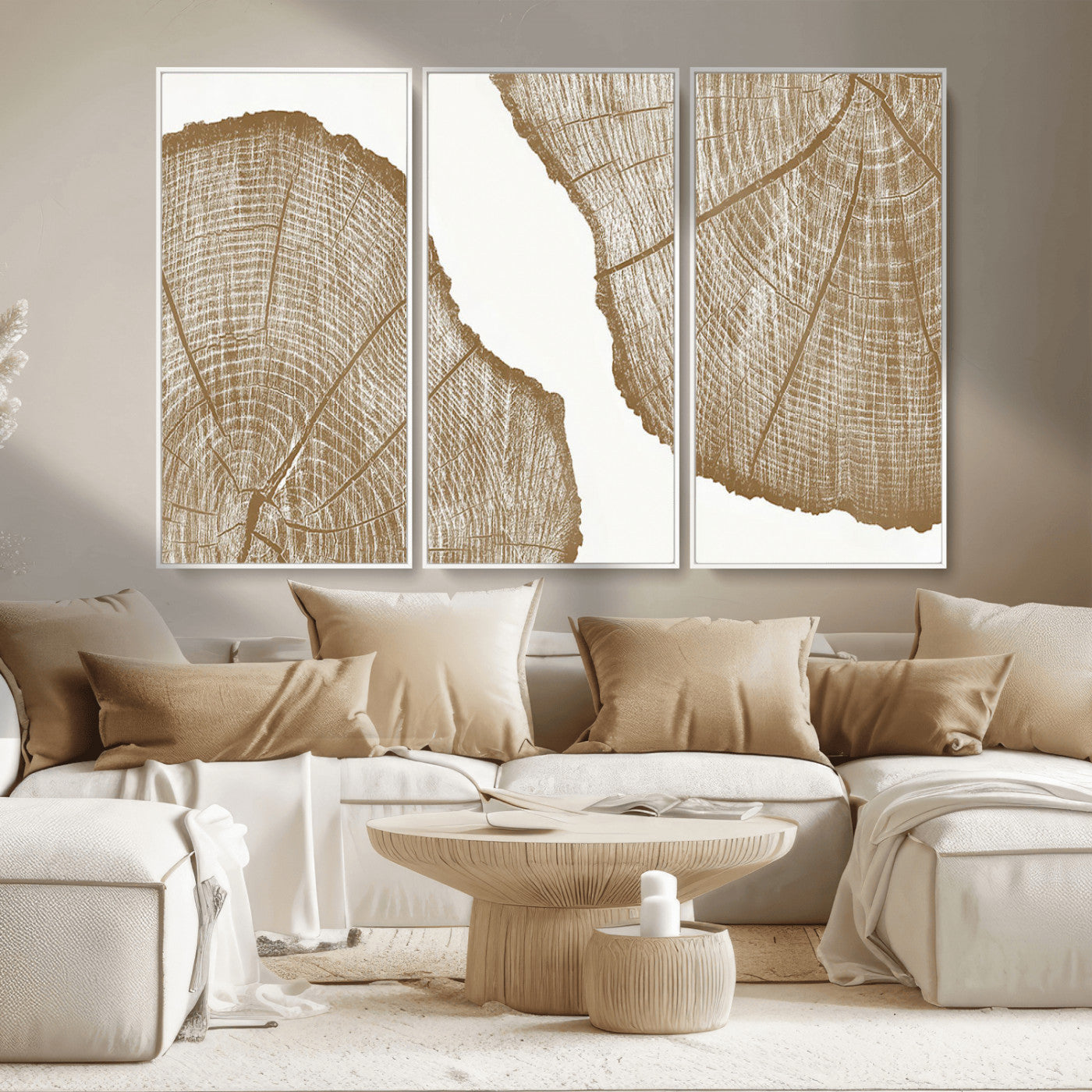 99692-MGV-FC-48X32-3P_White-Rustic Brown Tree Ring Wall Art Canvas Print – Framed and Ready to Hang – Elegant Nature-Inspired