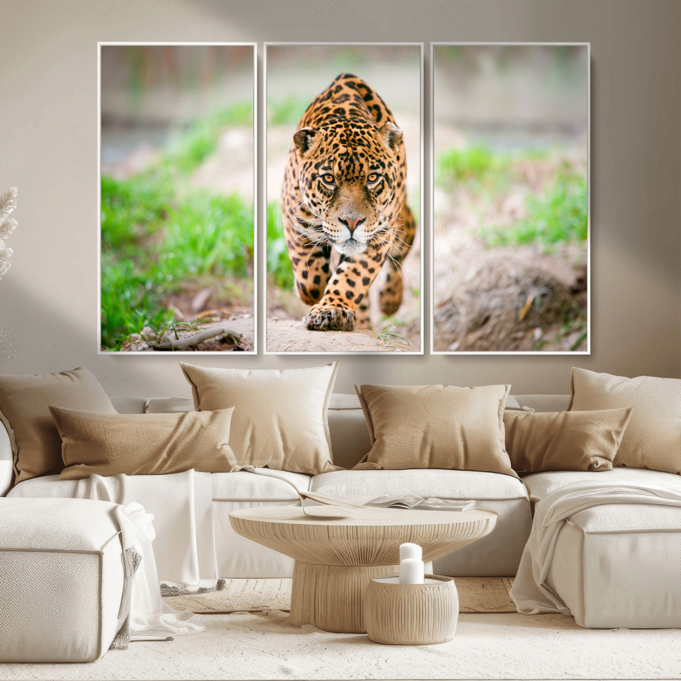 75066-MGV-FC-48X32-3P_White-Leopard on the Prowl - Stunning Large Framed Leopard Wall Art Canvas Wall Art for Living Room,