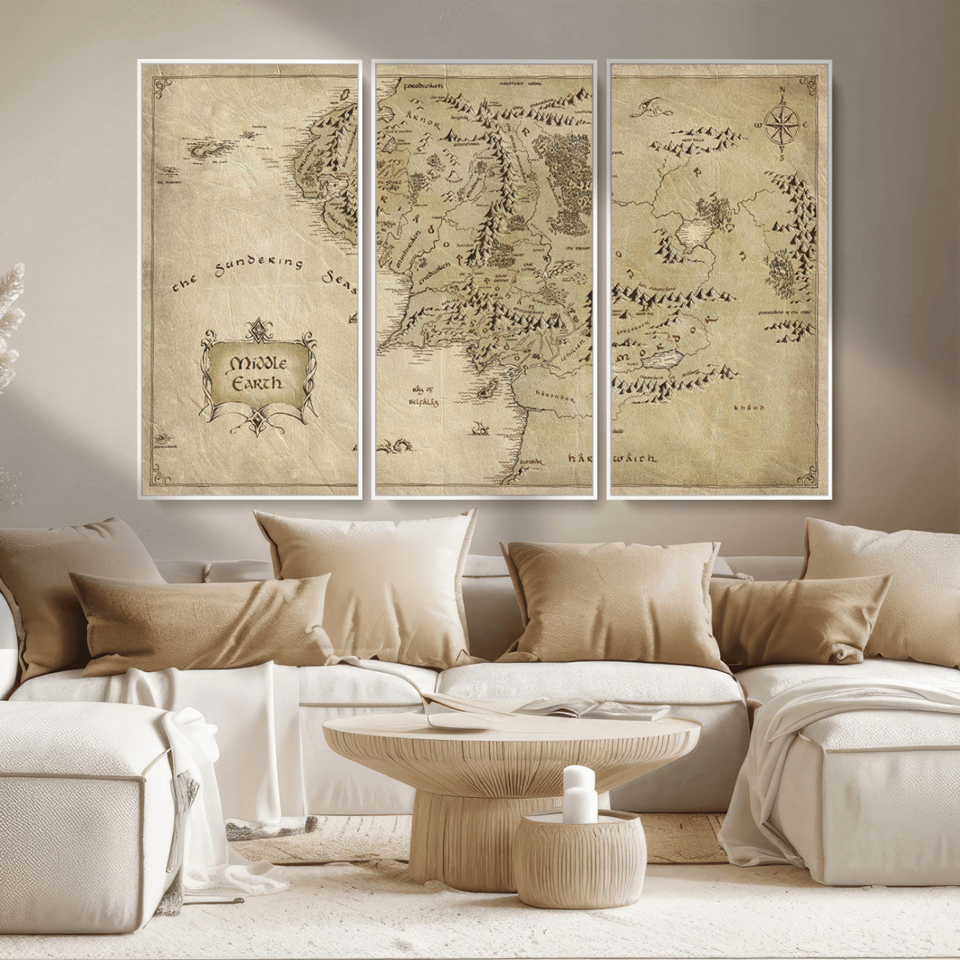 21784-MGV-CV-36X24-Vintage Middle Earth Map Wall Art Canvas – Lord of the Rings Inspired Framed Map Print, Classic Fantasy Decor for Home, Office