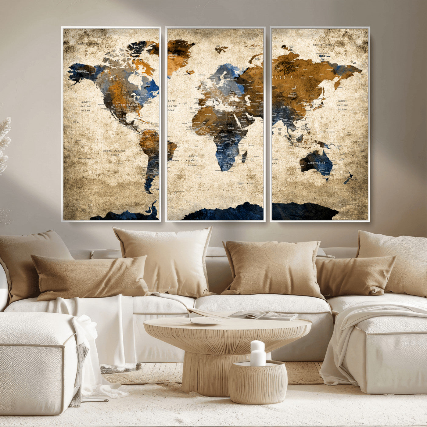 51140-MGV-CV-36X24-World Map Wall Art – Rustic Earth Tone Canvas Print, Antique Travel Map Design for Living Room, Office or Study, Classic Adventure Decor