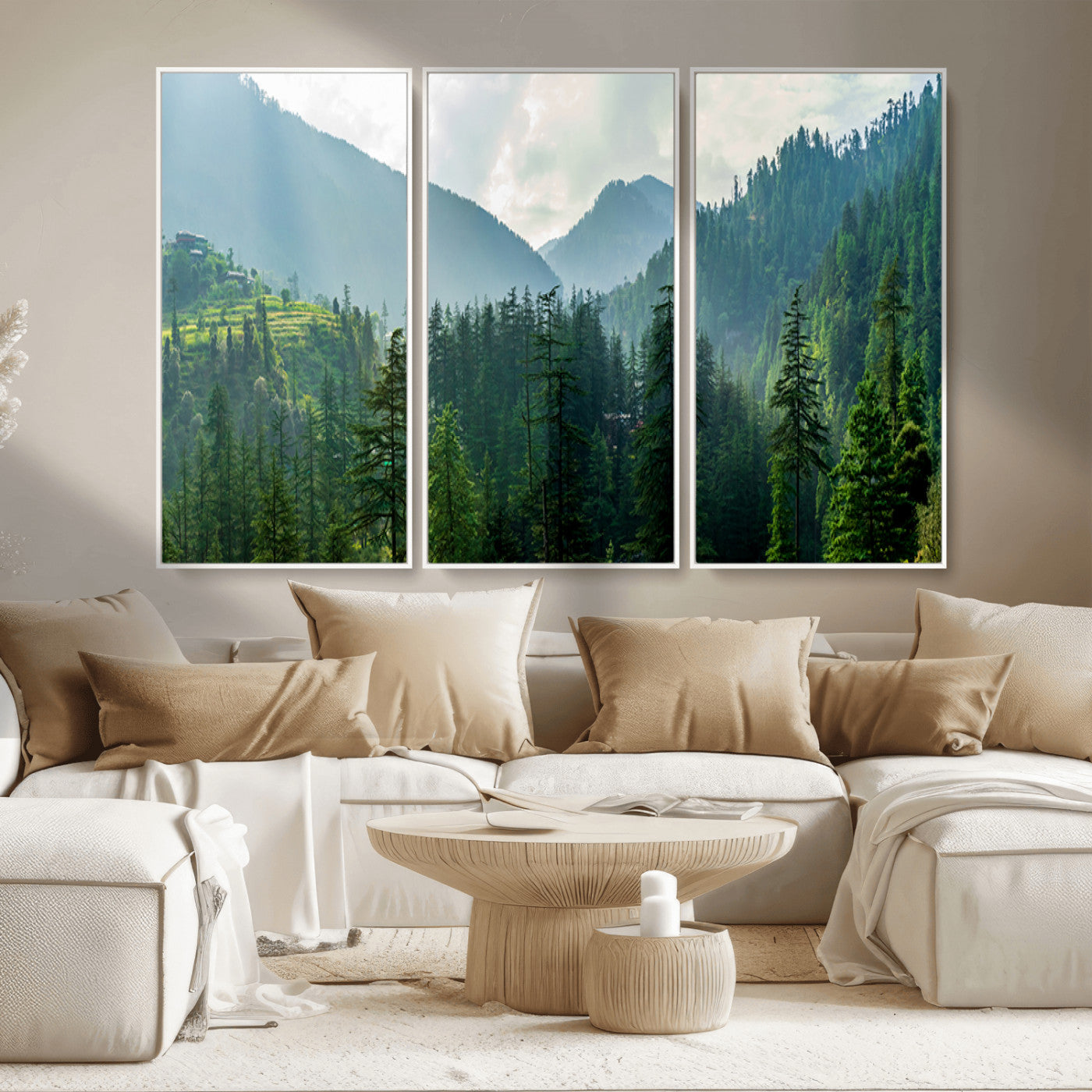 83417191-MGV-CV-36X24-Misty Forest Mountain Wall Art Canvas Print – Framed Serene Nature Scene with Tranquil Valley Artwork for Home, Office