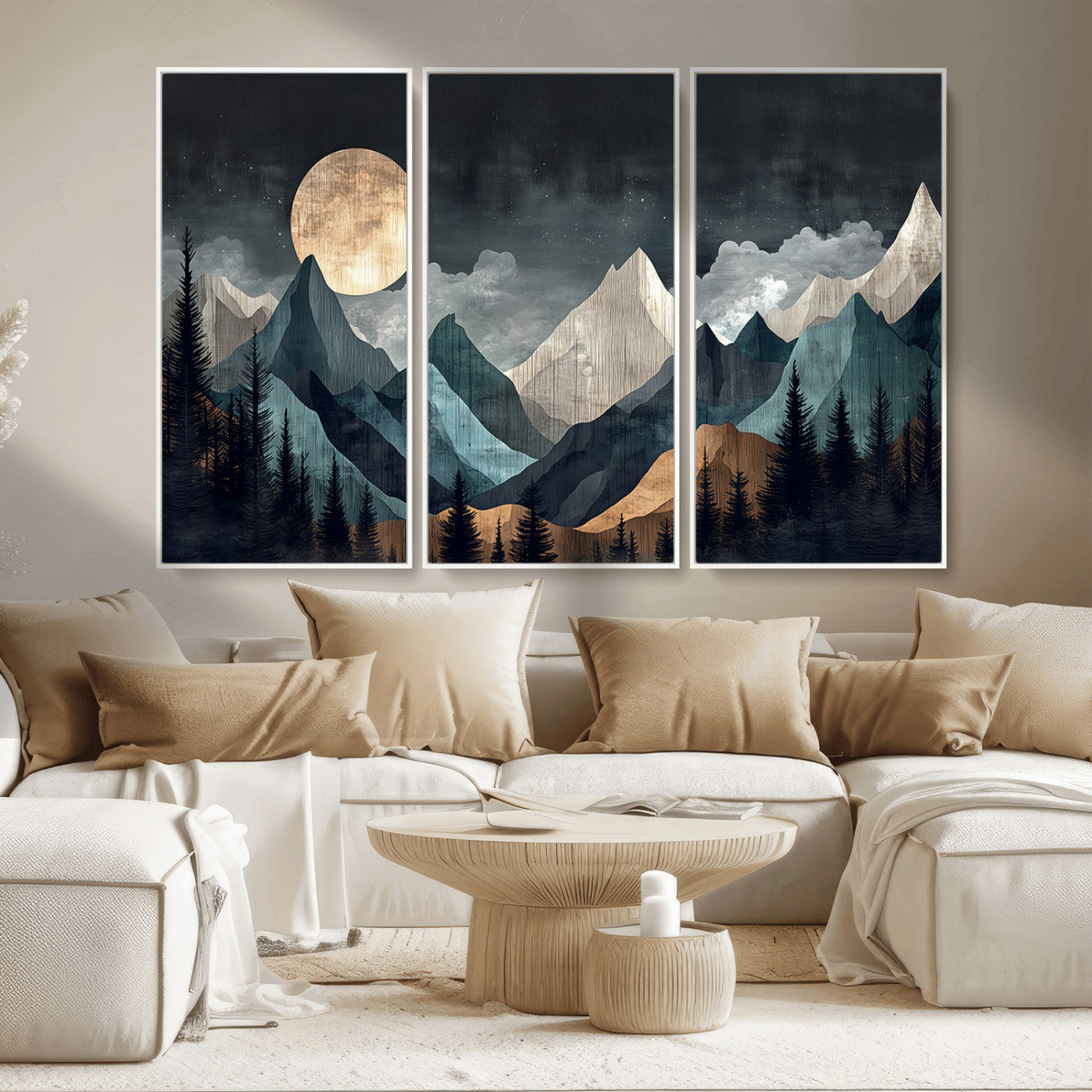 11060882-MGV-CV-36X24-Moonlit Mountain Wall Art Canvas Print – Silhouetted Pines Layered Peaks Tranquil Sky Mist Silver Light Nature Artwork for Home
