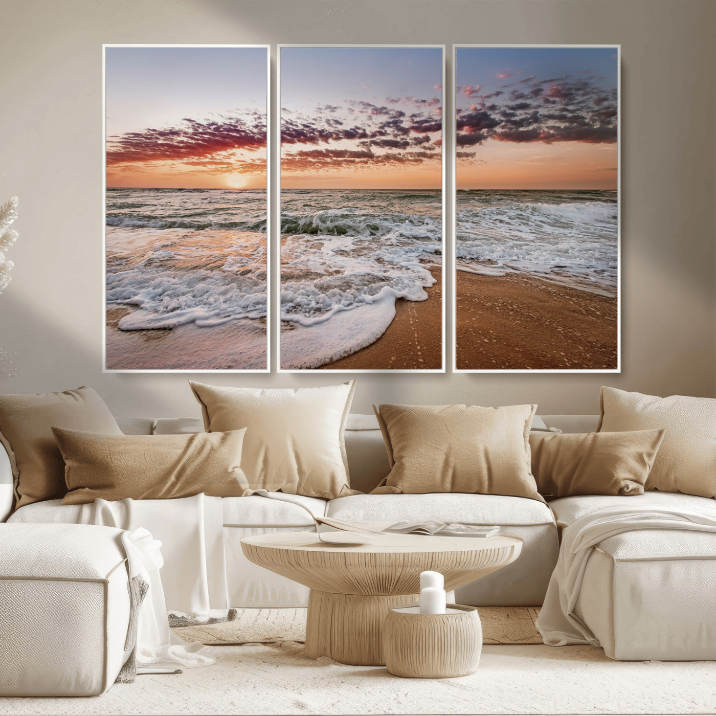 39846389-MGV-FC-48X32-3P_White-Ocean Sunset Wall Art Canvas Print – Framed Sandy Shore Gentle Waves Coastal Landscape Minimalist Artwork for Home, Office