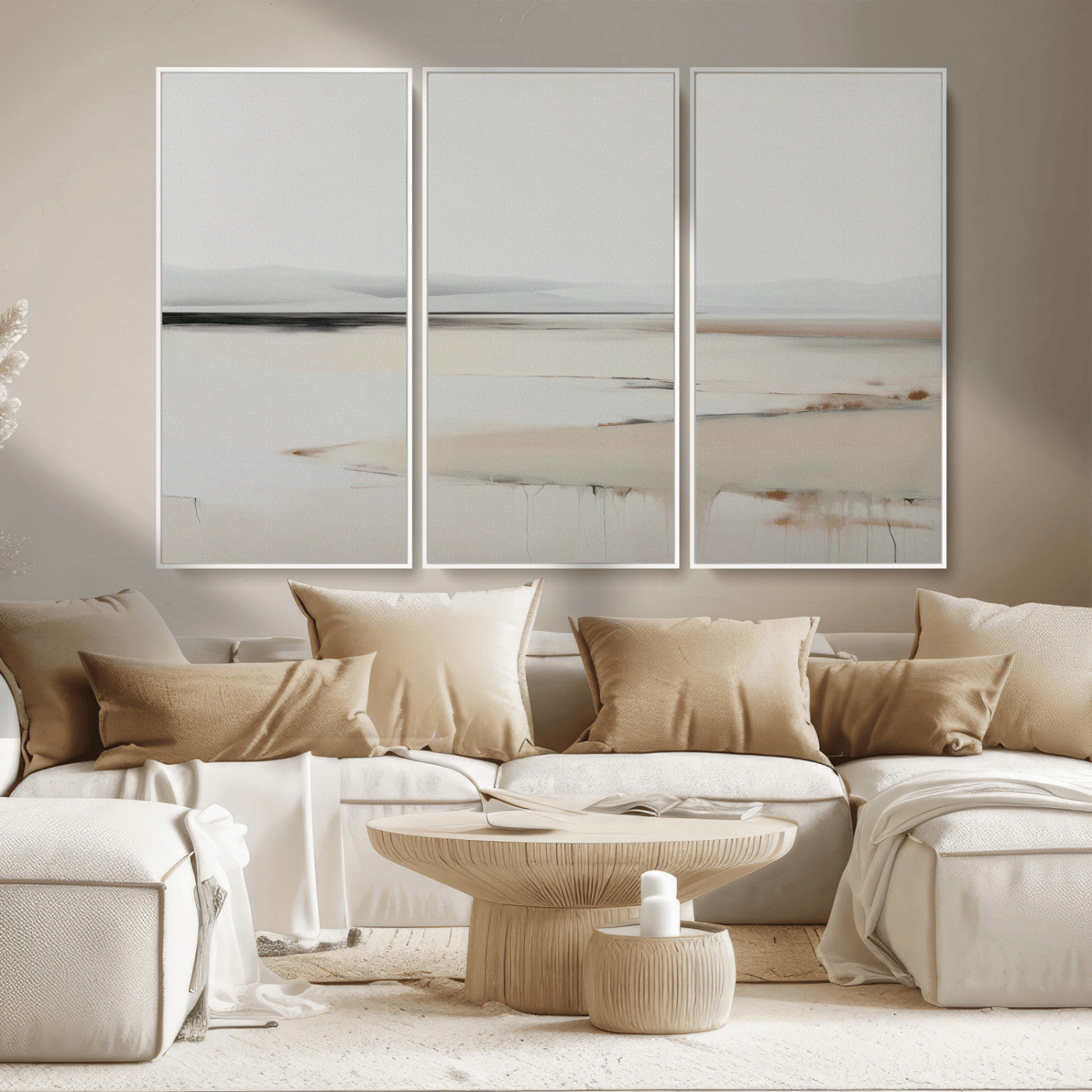 89410095-MGV-FC-48X32-3P_White-Minimalist Landscape Wall Art Canvas Print – Framed Soft Horizon Abstract Seascape Earthy Tones Artwork for Home Office