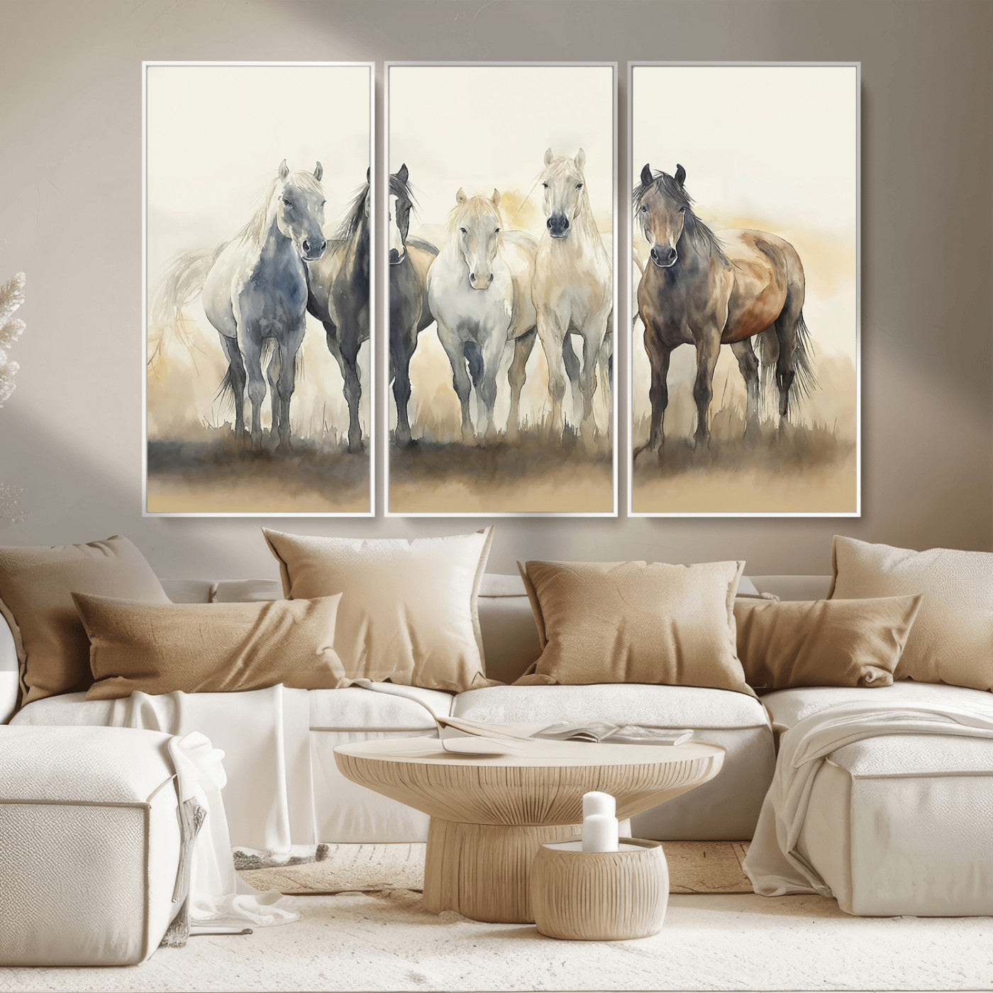 MGV-FC-48X32-3P - Wild Horses Wall Art Canvas Print, Framed Running Horses Art Picture Print, Watercolor Horses Perfect Rustic Western Decor Artwork