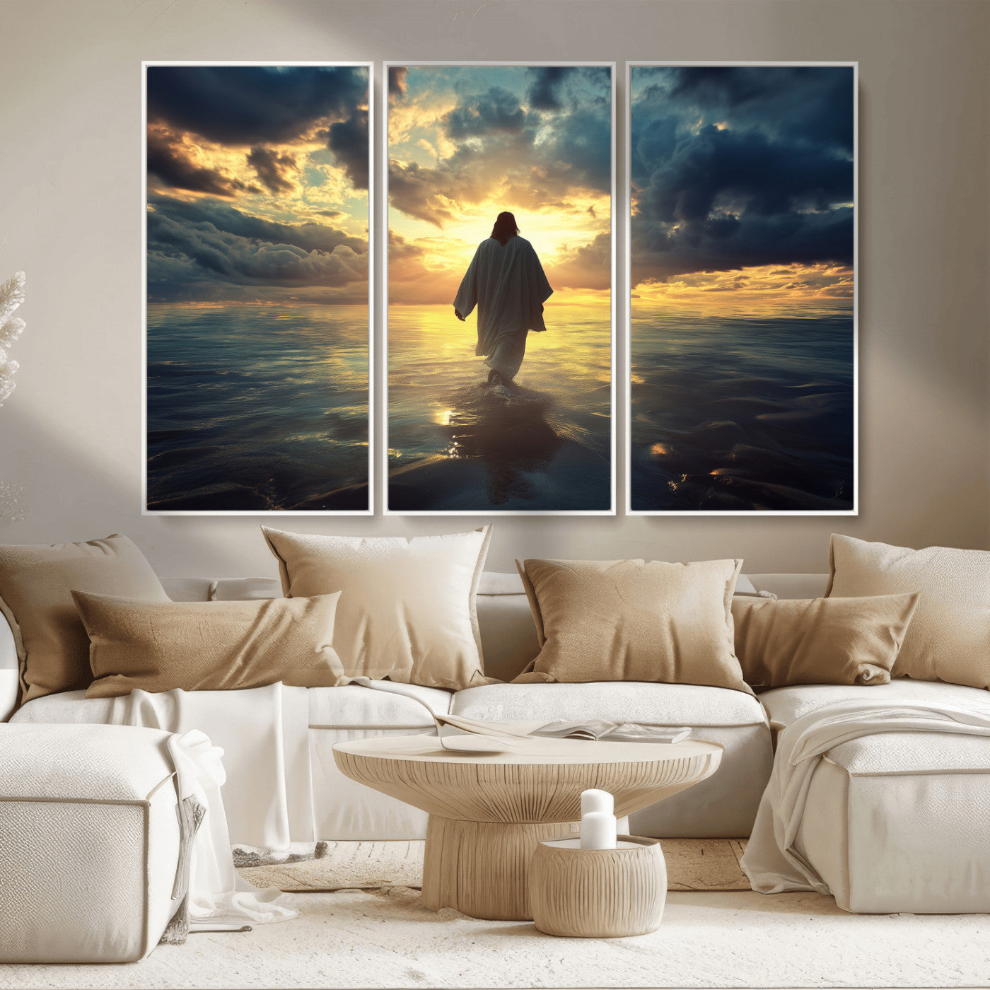 MGV-FC-48X32-3P - Jesus Walks Wall Art Canvas Print, Framed Divine Sunset Art Picture Print, Spiritual Light Perfect Spiritual Tranquil Decor Artwork