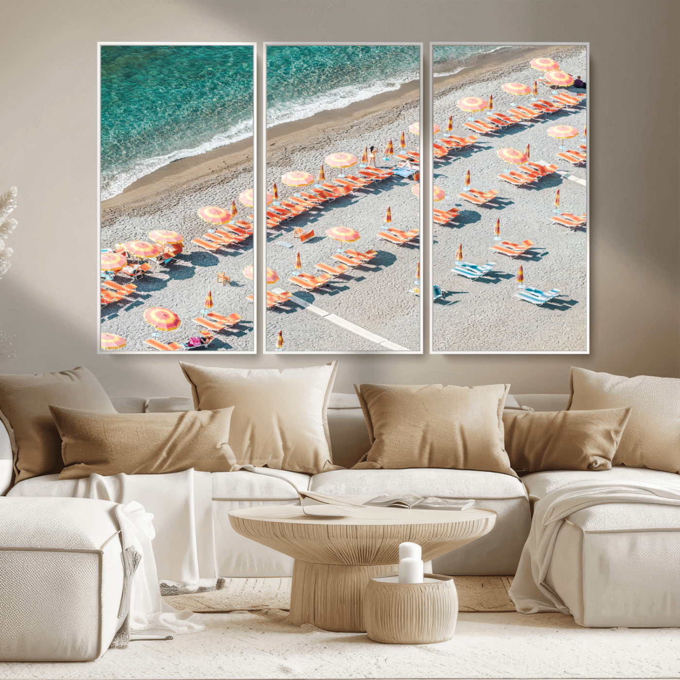 27805351-MGV-CV-36X24 - Beach Umbrellas Wall Art – Orange Loungers & Turquoise Water Canvas Print, Sandy Shore and Summer Vibes