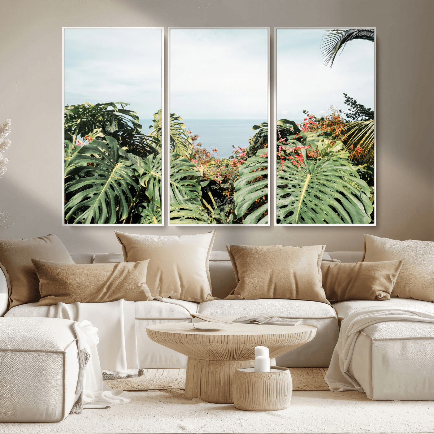 45700479-MGV-CV-36X24 - Tropical Greenery Wall Art – Exotic Leaves & Ocean View Canvas Print, Sunlit Paradise and Vibrant Nature for Living Room or Coastal Decor