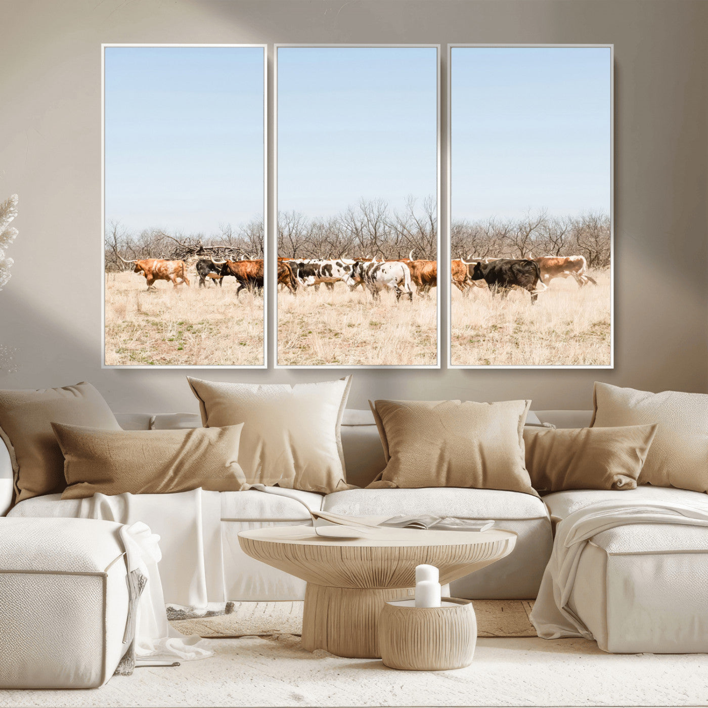16563092-MGV-CV-36X24-Texas Longhorns Wall Art Canvas Print – Framed Western Cattle Rustic Herd Farmhouse Country Animal Artwork for Home Office