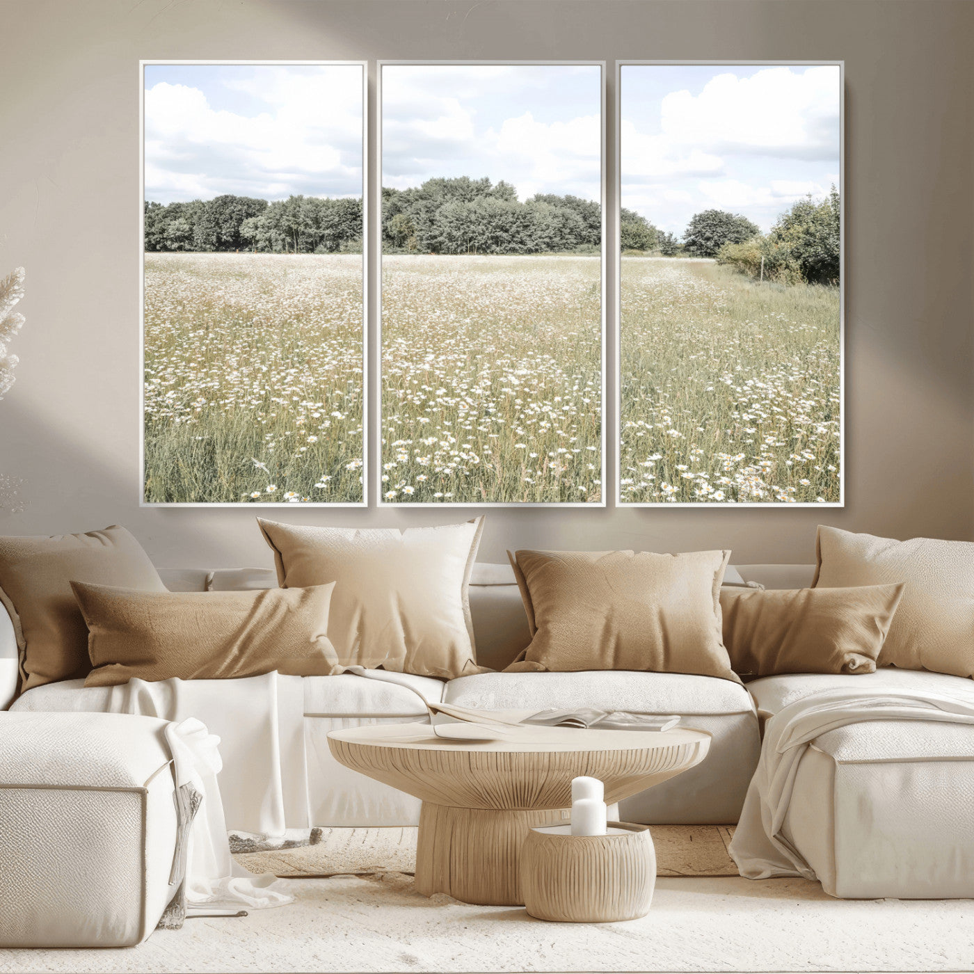 43258946-MGV-CV-36X24-Charming Daisy Field Wall Art Canvas Print – Framed Pastel Flower Meadow Bloom Scandinavian Minimal Artwork for Home Office