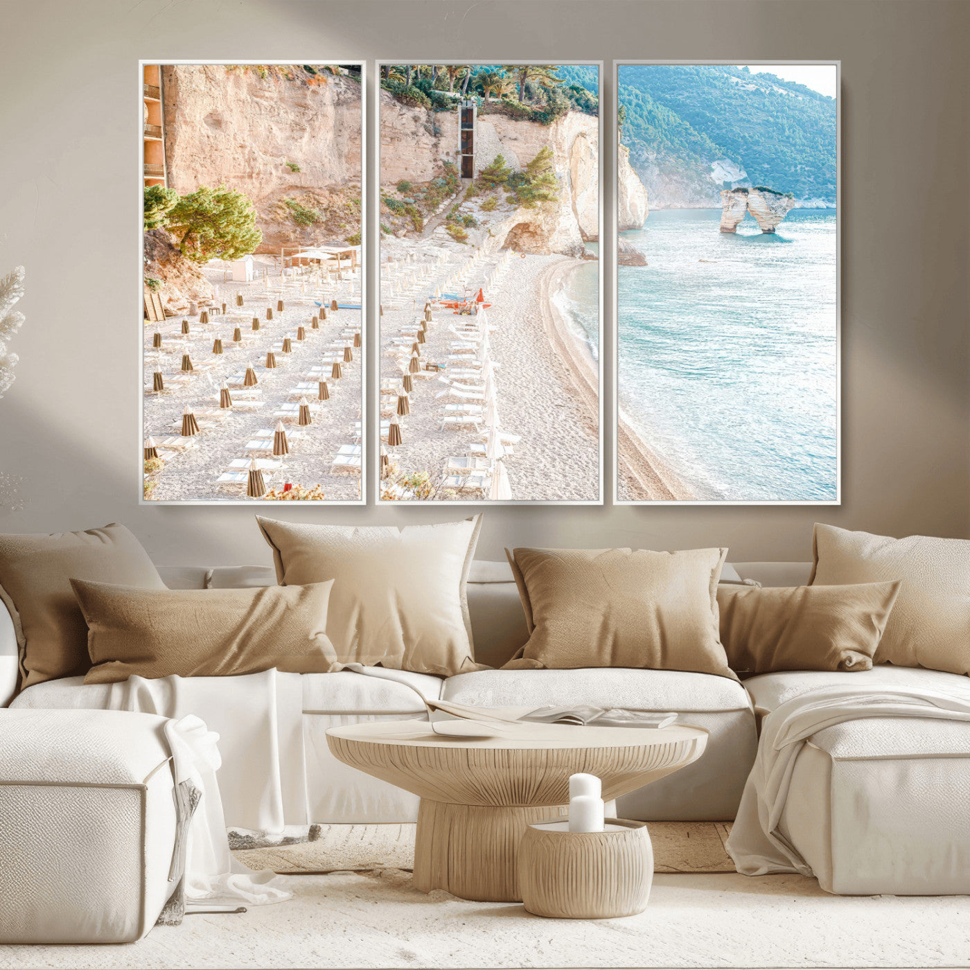 84816639-MGV-CV-36X24 - Sunny Beach Wall Art – Chairs & Umbrellas Canvas Print, Clear Water, Rocky Cliffs, Coastal Calm for Living Room or Vacation Home Decor