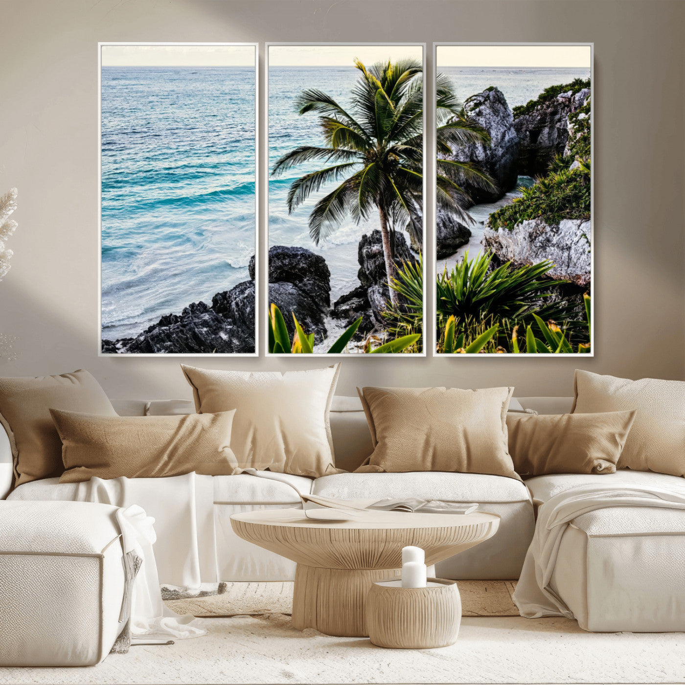 94669907-MGV-CV-36X24 - Tropical Palm Wall Art – Coastal Rocks Canvas Print, Ocean Breeze, Sandy Shore, Vibrant Green Foliage for Living Room or Beach House Decor
