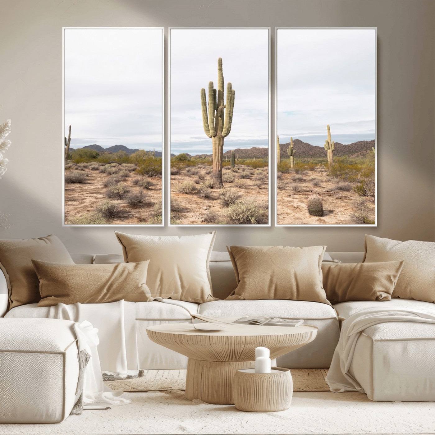 MGV-FC-48X32-3P - Saguaro Cactus Wall Art Canvas Print, Framed Desert Cactus Art Picture Print, Earthy Desert Perfect Southwestern Boho Decor Artwork