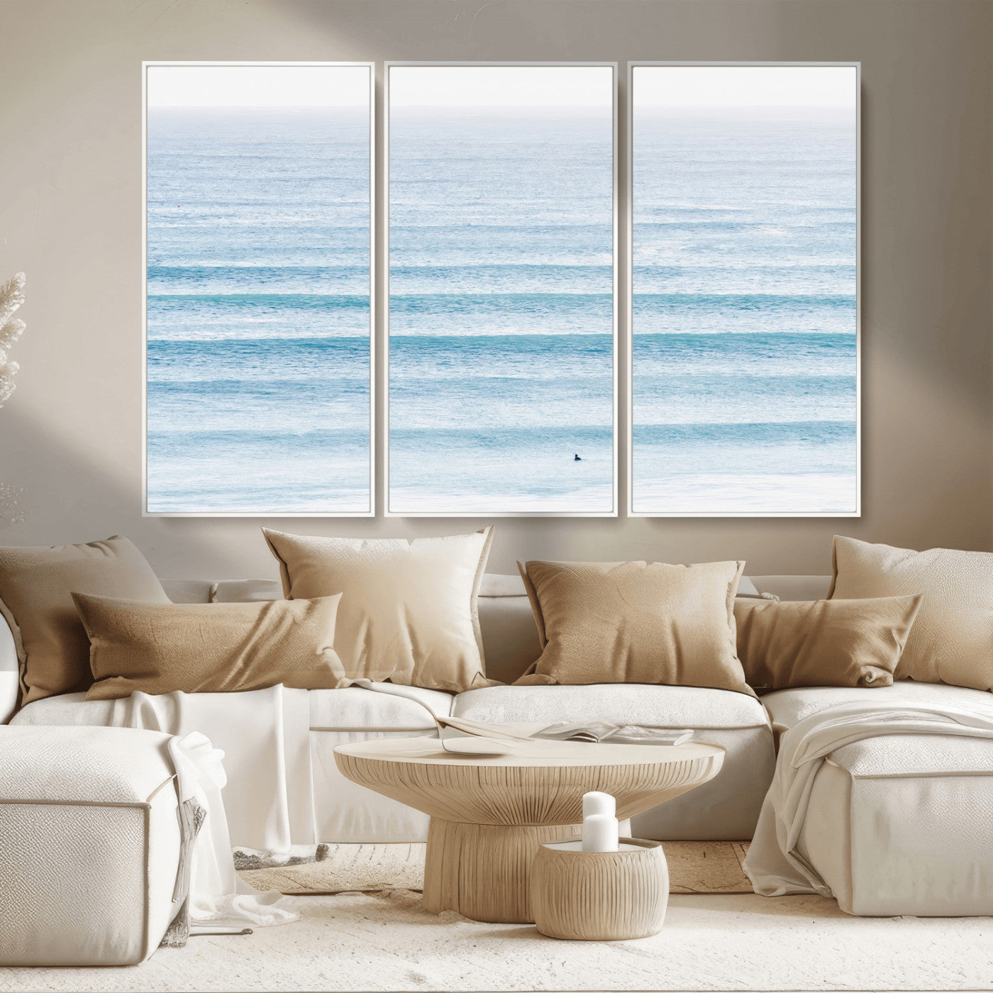 77145995-MGV-CV-36X24-Ocean Wave Surfer Wall Art – Framed Minimal Seascape Canvas Artwork, Calm Blue Water Design, Coastal Decor for Home, Office