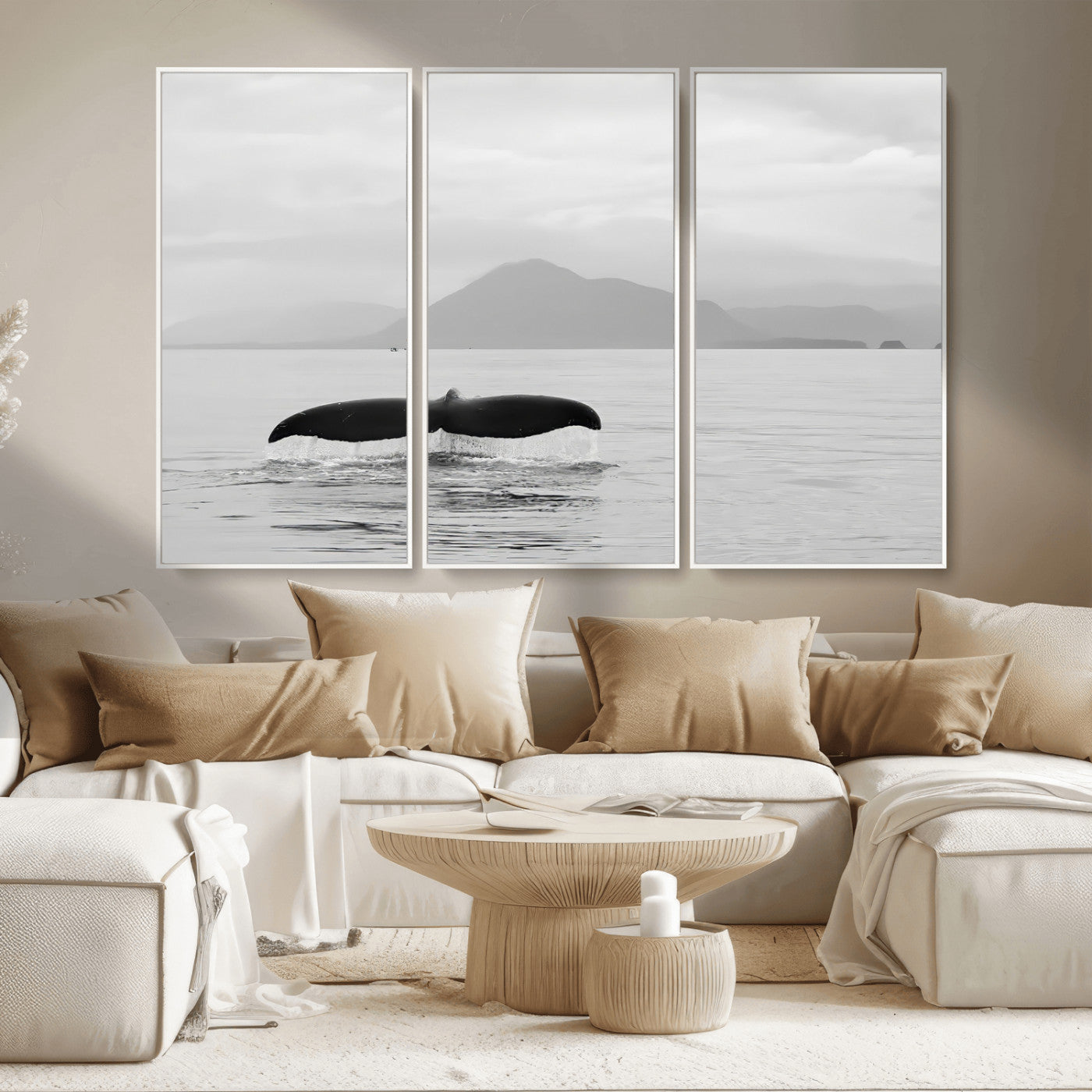MGV-FC-48X32-3P - Whale Tail Wall Art Canvas Print, Framed Black White Ocean Art Picture Print, Calm Marine Perfect Minimalist Coastal Decor Artwork