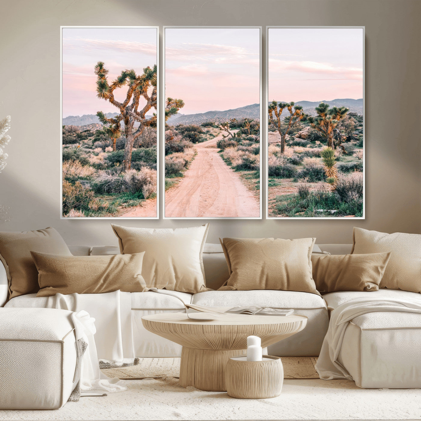 MGV-FC-48X32-3P - Desert Trail Wall Art – Canvas Print of Joshua Trees & Sunset Glow, Sandy Path Wilderness, Scenic Nature Escape Decor for Living Room, Office or Bedroom