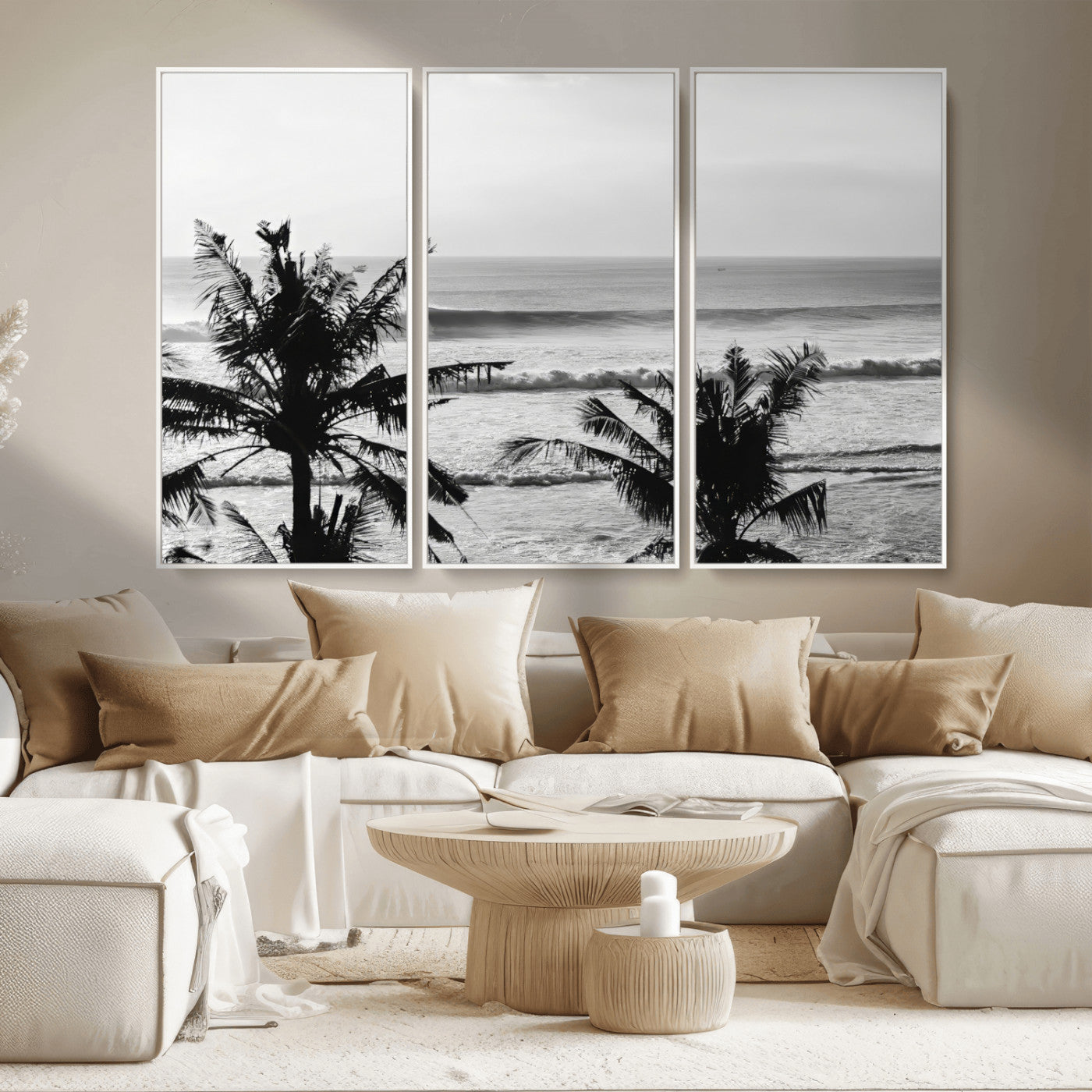 17508038-MGV-CV-36X24-Tropical Coastline Wall Art Canvas Print – Framed Palm Trees Scene with Ocean Waves Artwork for Home, Office