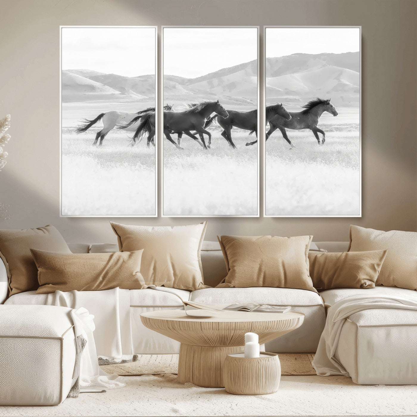 MGV-FC-48X32-3P - Wild Horses Wall Art – Black & White Canvas Print of Herd Running, Nature in Motion, Freedom & Beauty Decor for Guest Room, Office or Living Room