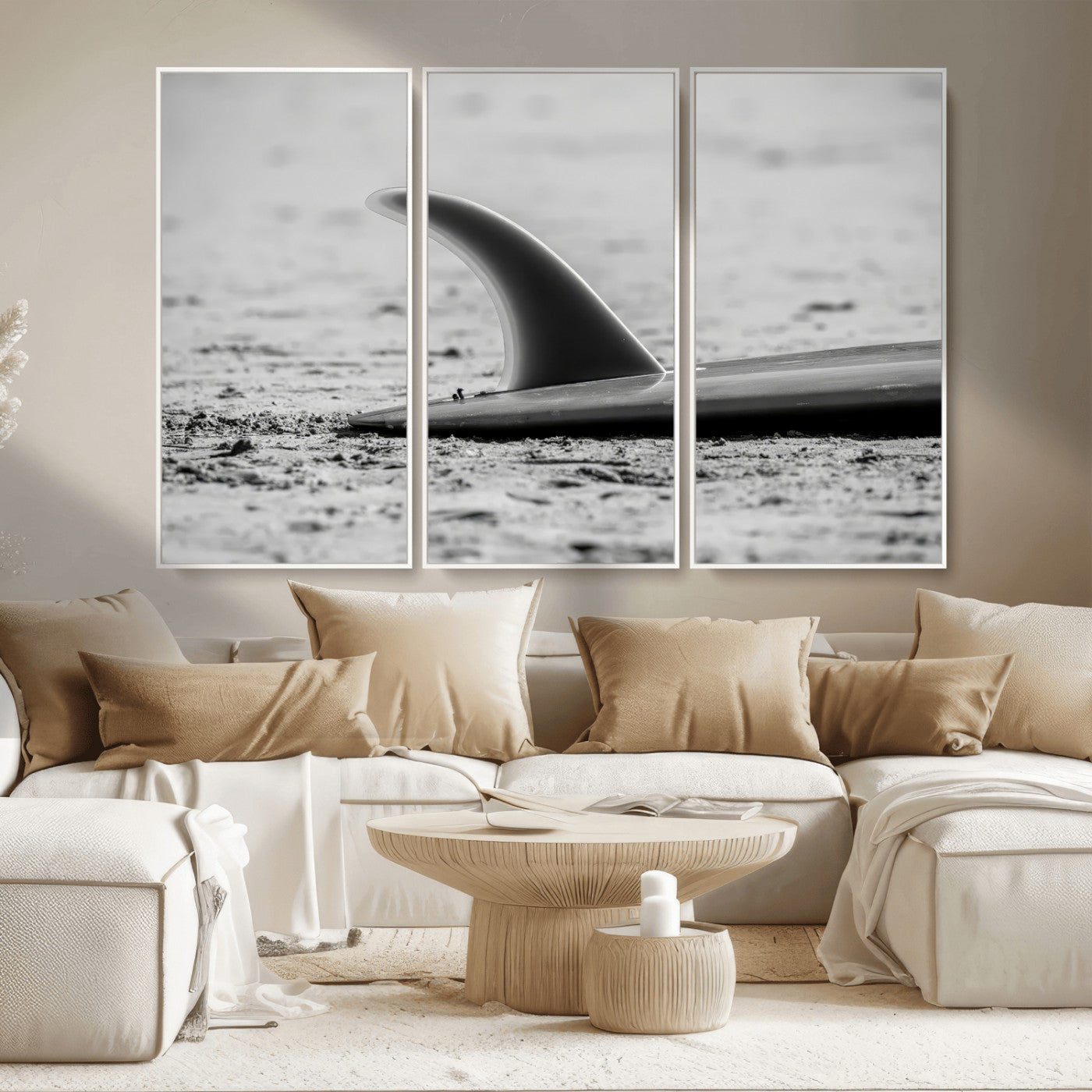 MGV-FC-48X32-3P - Black White Surfboard Wall Art Canvas Print, Framed Minimalist Beach Art Picture Print, Surf Fin Perfect Minimalist Coastal Decor Artwork