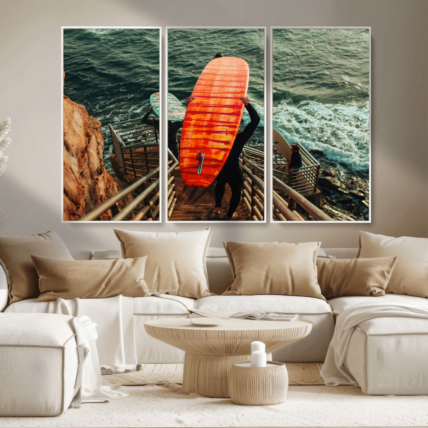 MGV-FC-48X32-3P - Surfer Stairway Wall Art Canvas Print, Framed Ocean Surf Art Picture Print, Sunset Coastal Perfect Coastal Adventure Decor Artwork