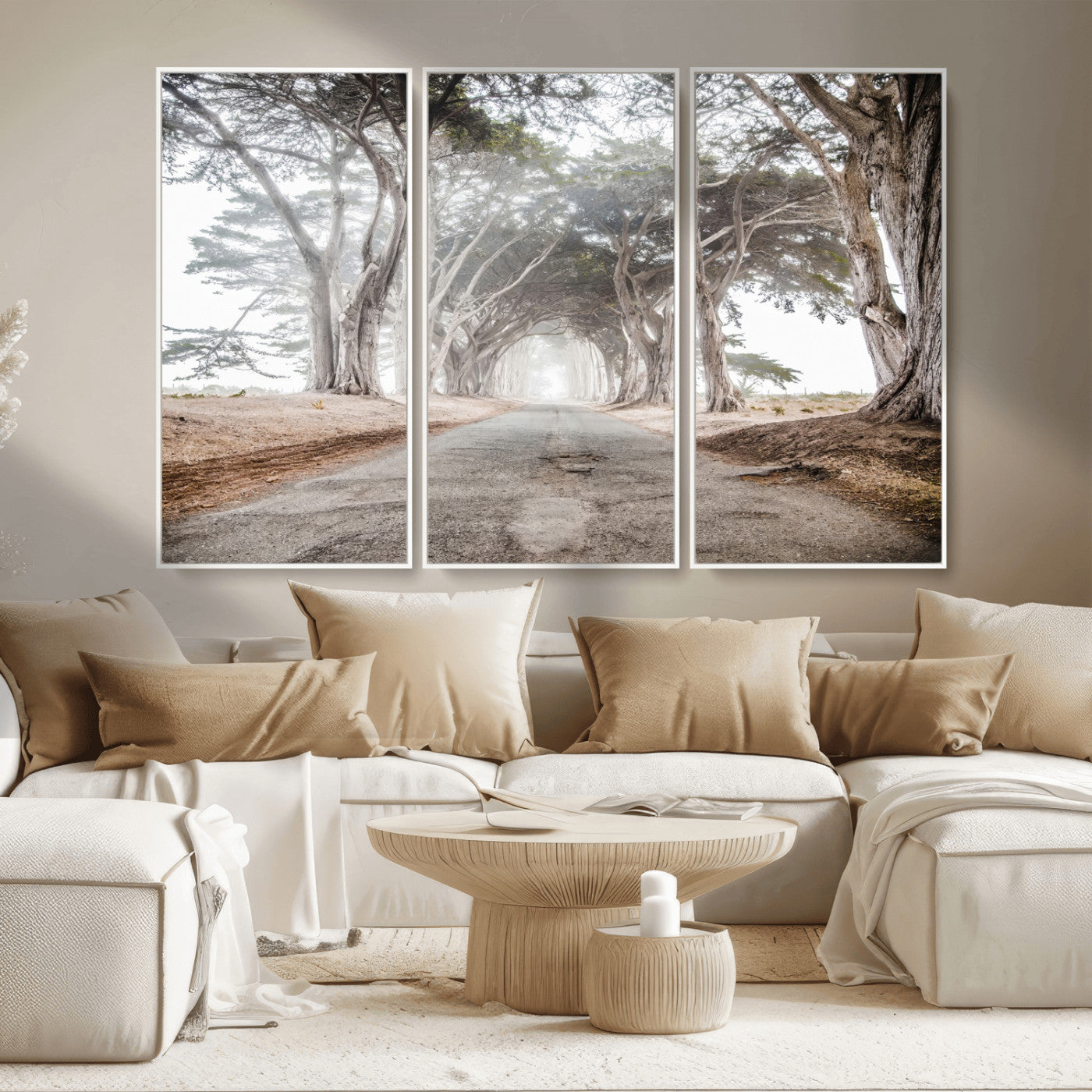 87090469-MGV-CV-36X24-Cypress Tunnel Wall Art – Framed Misty Road Canvas Artwork, Foggy Trees Design, Rustic Woodland Nature Decor for Home, Office