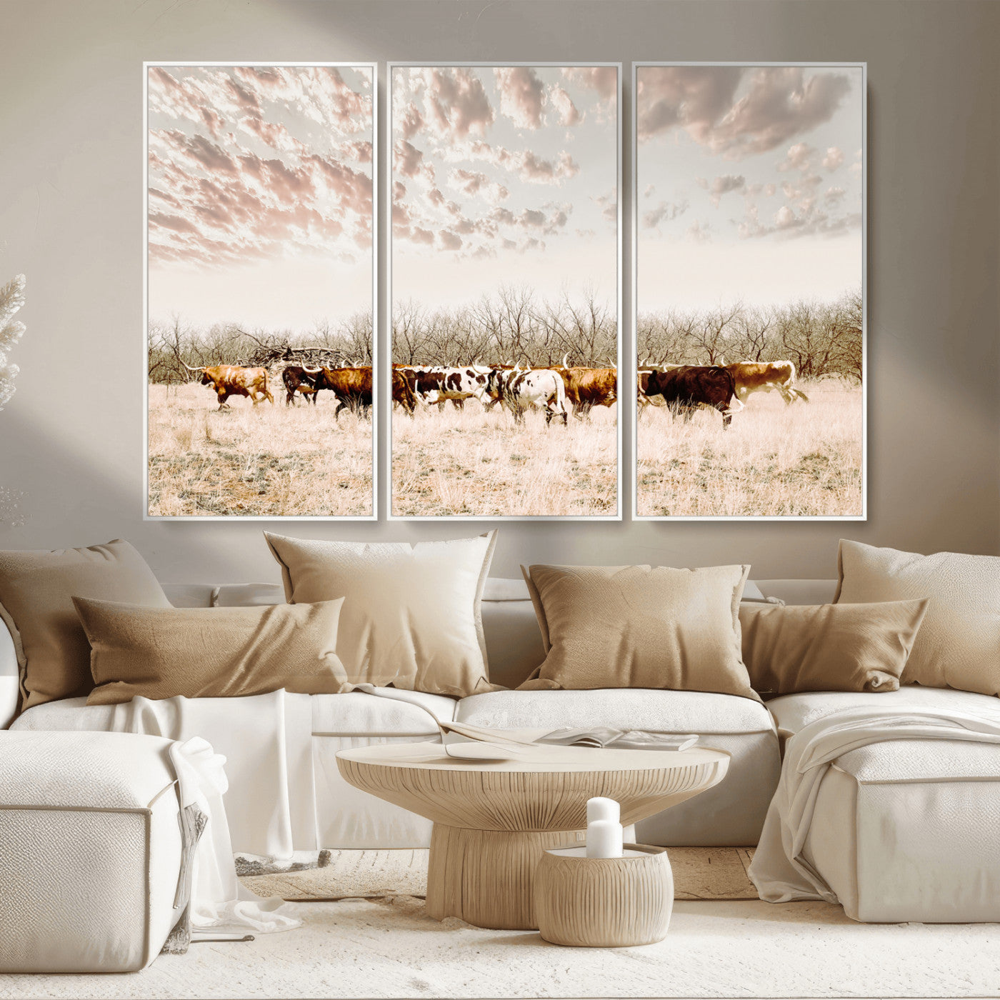 -Longhorn Cattle Wall Art Canvas Print, Framed Texas Ranch Art Picture Print, Western Cow Perfect