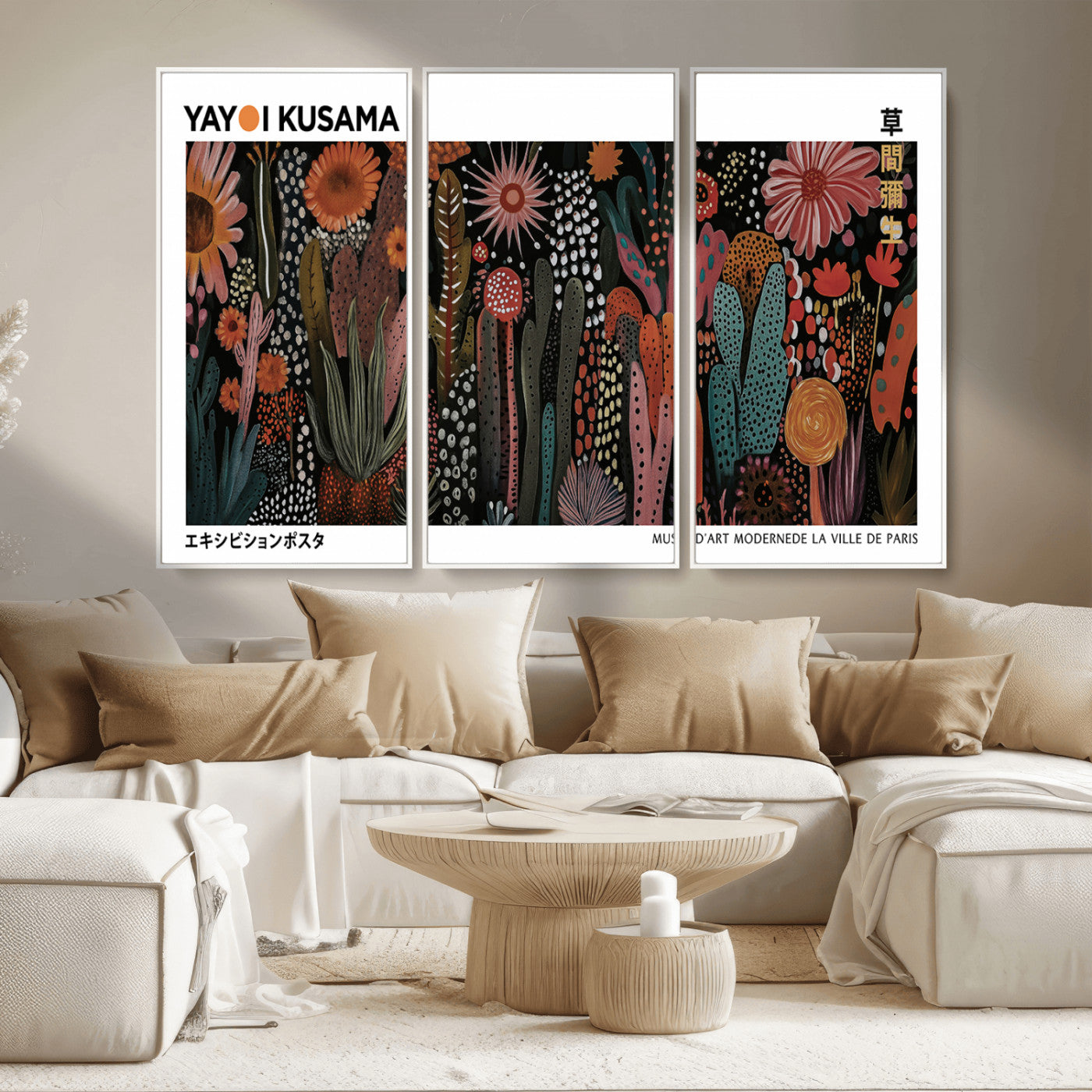 70632622-MGV-CV-36X24-Modern Japanese Wall Art Canvas Print – Framed Abstract Mount Fuji Scene with Yayoi Kusama Artwork for Home, Office