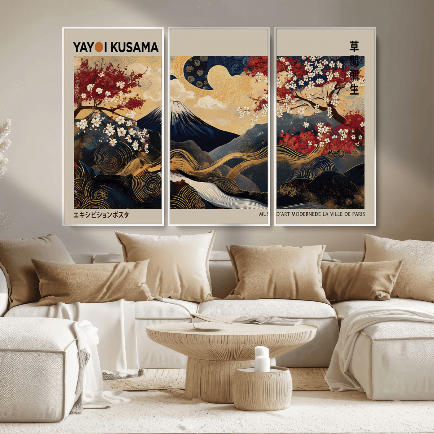 54967195-MGV-CV-36X24-Modern Japanese Wall Art Canvas Print – Framed Abstract Mount Fuji Scene with Yayoi Kusama Japanese Artwork for Home, Office