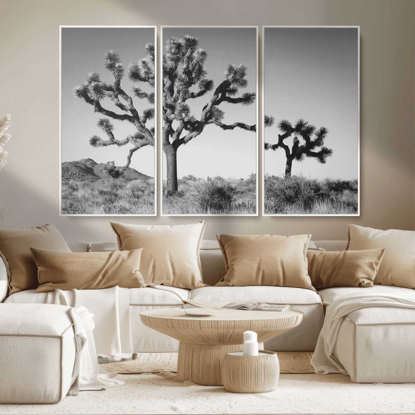 93692513-MGV-FC-48X32-3P_White-Joshua Tree Wall Art Canvas Print – Framed Monochrome Desert Minimalist Nature Scene Southwestern Artwork for Home Office