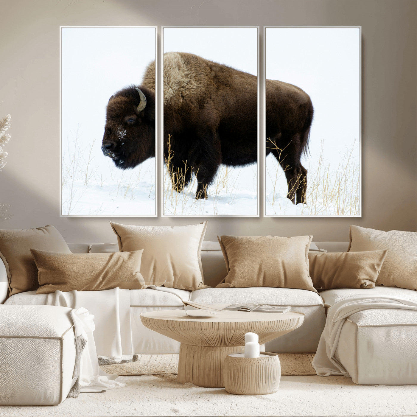 76778120-MGV-CV-36X24-Bison Wall Art Canvas Print – Framed Western Wildlife Buffalo Snow Rustic Nature Scene Artwork for Home Office