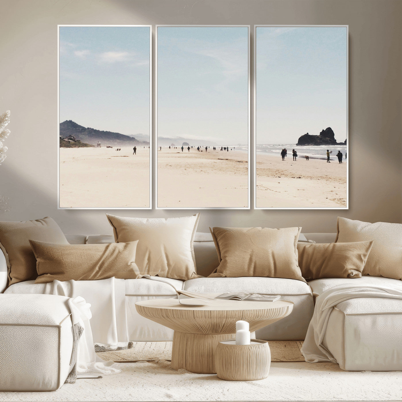 28307820-MGV-FC-48X32-3P_White-Minimalist Beach Wall Art Canvas Print – Framed Coastal Serenity Soft Sand Nature Scene Artwork for Home Office
