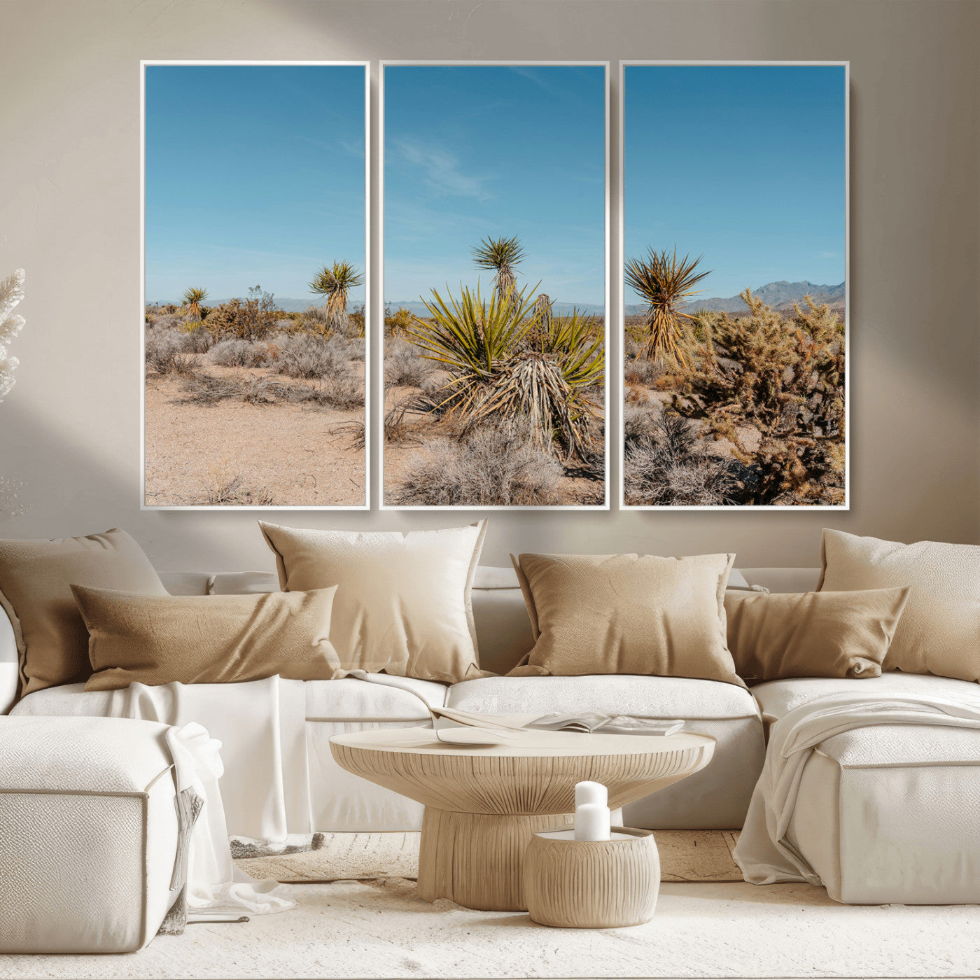 35156165-MGV-FC-48X32-3P_White-Joshua Tree Wall Art Canvas Print – Framed Desert Landscape Warm Earth Tones Southwestern Minimalist Artwork for Home, Office