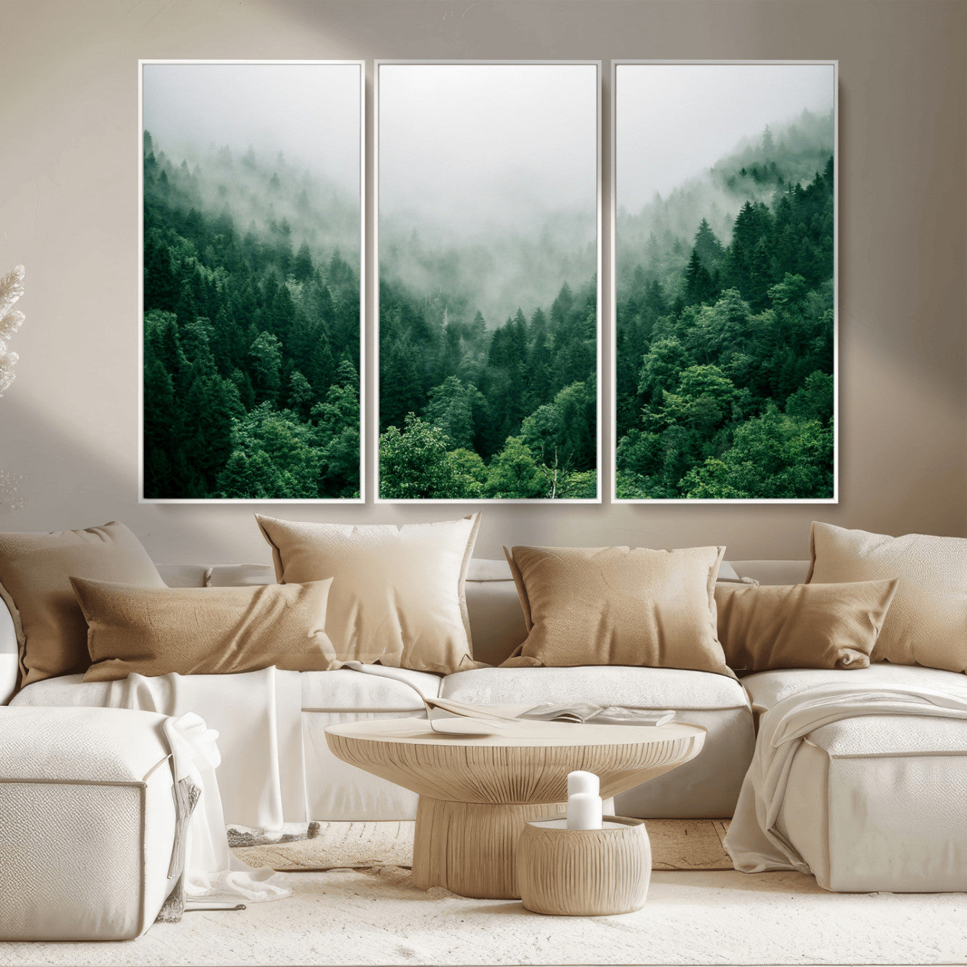 45265379-MGV-CV-36X24-Misty Green Forest Canvas Print – Framed Serene Foggy Pine Landscape Tranquil Nature Wall Art for Home, Office