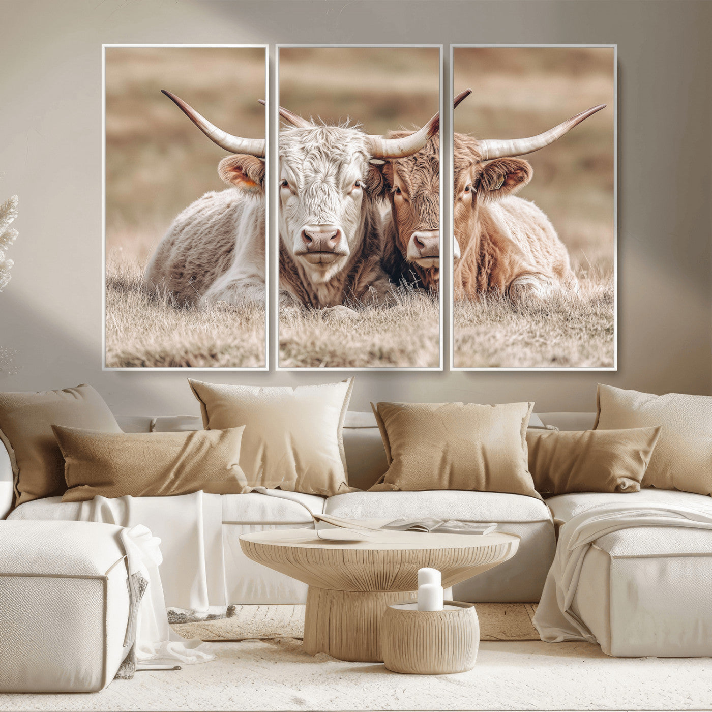 38651722-MGV-CV-36X24 - Highland Cows Meadow Canvas Wall Art – Peaceful Cow Photography Print, Rustic Farmhouse Animal Decor for Country Home, Living Room, Office