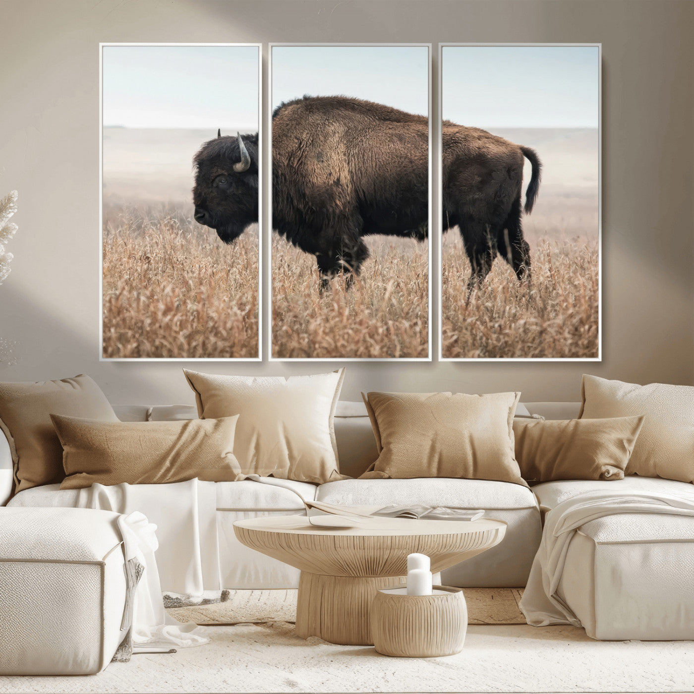 -American Bison Field Wall Art Canvas Print – Majestic Buffalo Grazing Wide Open Plains Wildlife Artwork for Home, Office