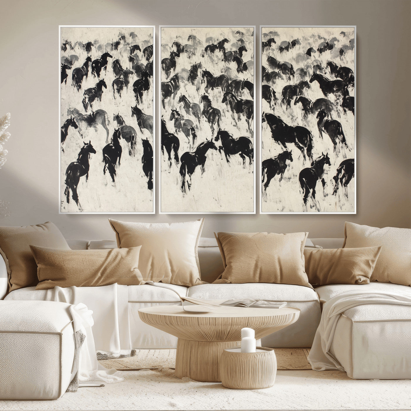-Wild Horse Stampede Wall Art Canvas Print – Monochrome Running Horses Dynamic Motion Elegant Scene Artwork for Home, Office