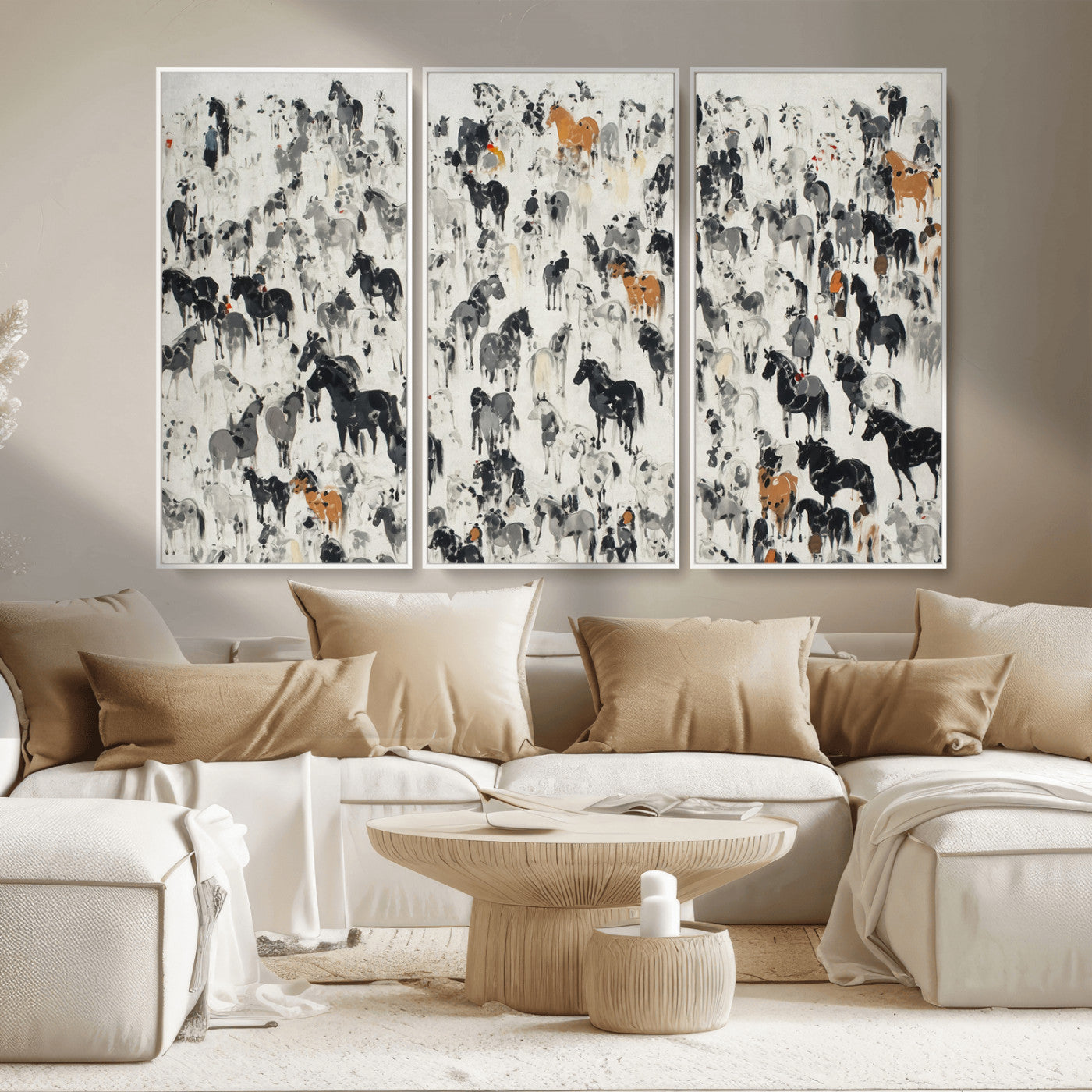 56463722-MGV-CV-36X24-Wild Horse Stampede Wall Art Canvas Print – Monochrome Running Horses Dynamic Motion Elegant Scene Artwork for Home, Office